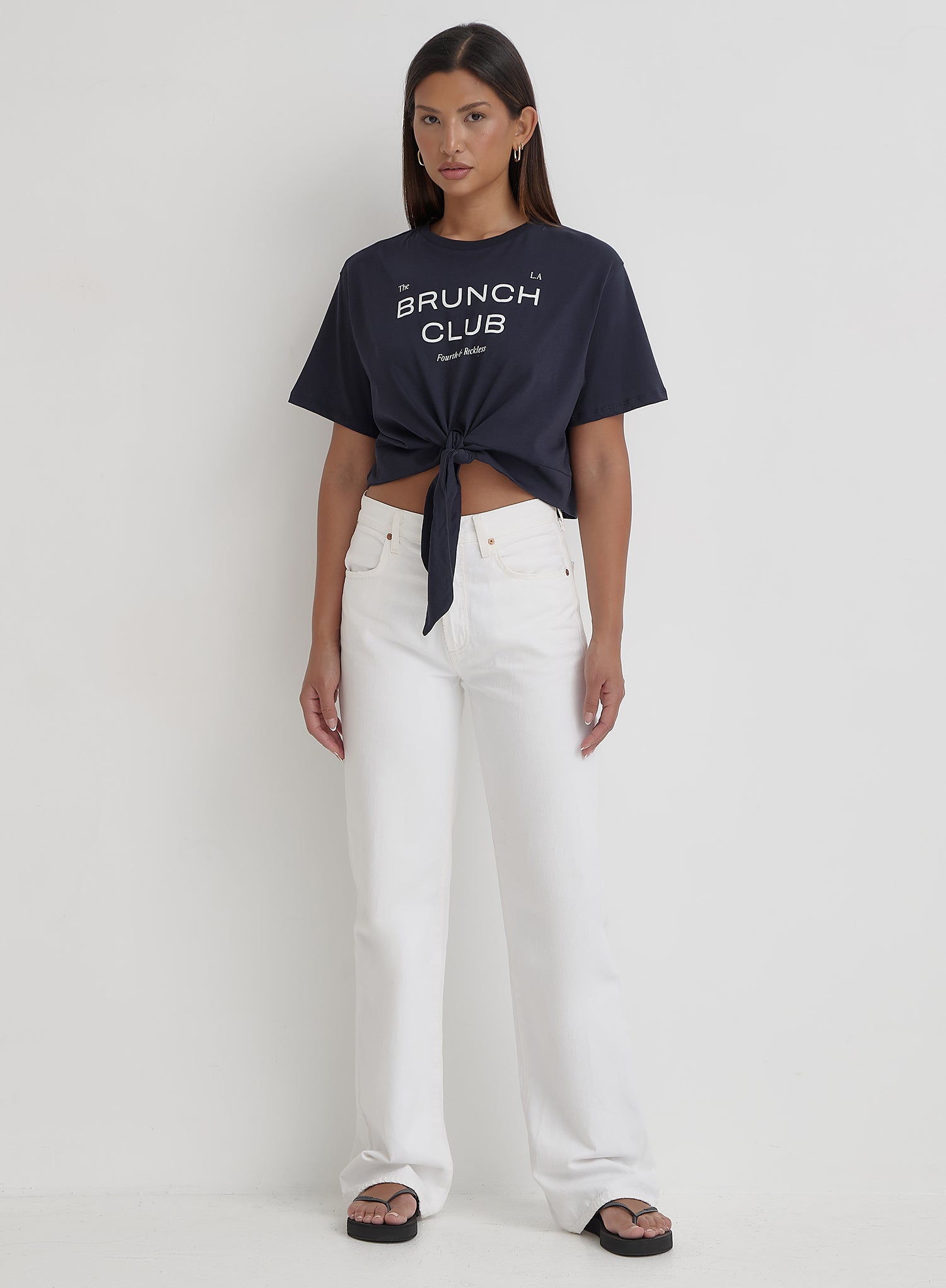 Navy Tie Front Brunch Club T-Shirt- Ellira