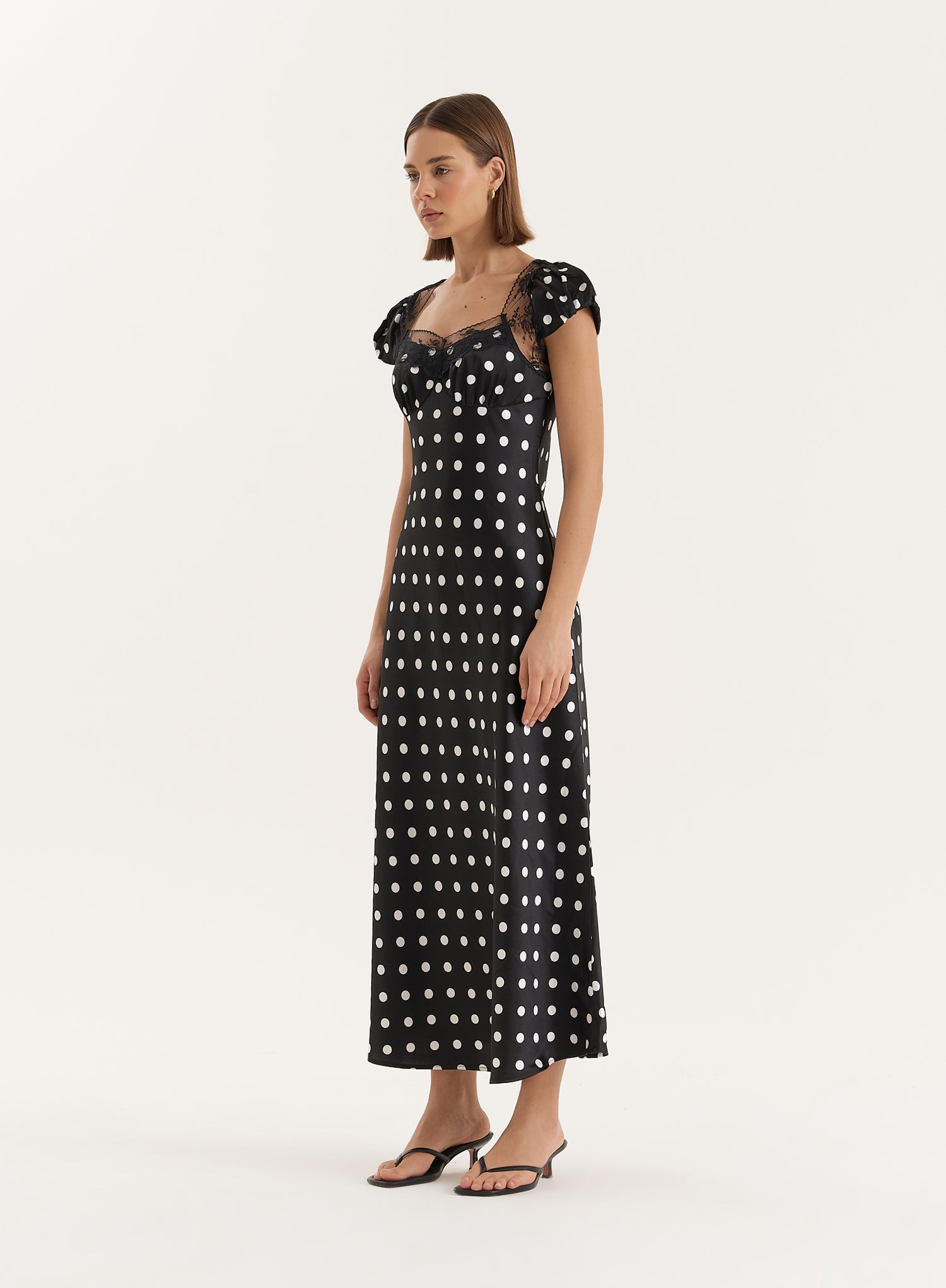 Black Polka Dot Satin Slip Maxi Dress- Sana