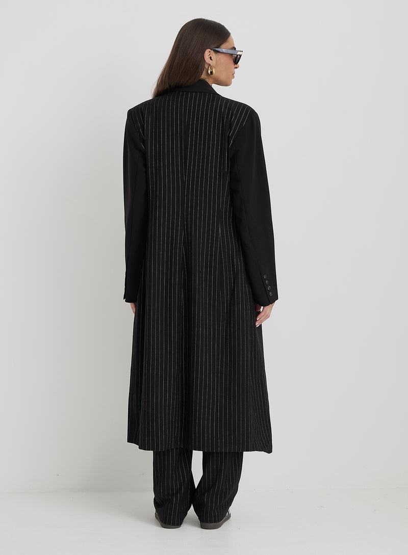 Black Pinstripe Tailored Longline Coat - Libby