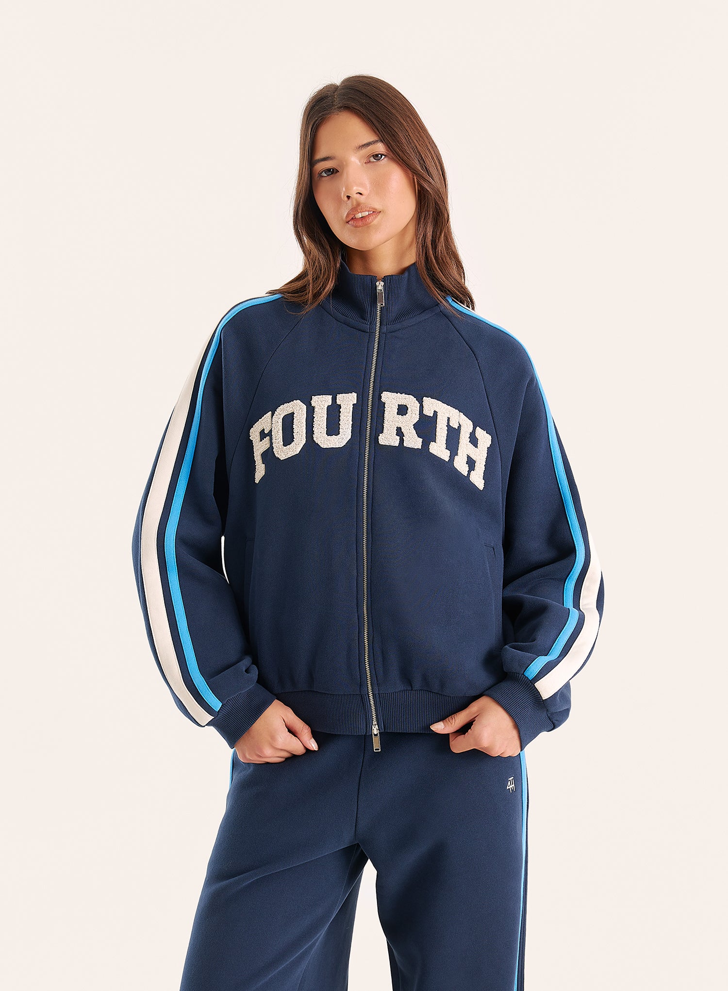 Navy Side Stripe Double Zip Funnel Neck Track Jacket