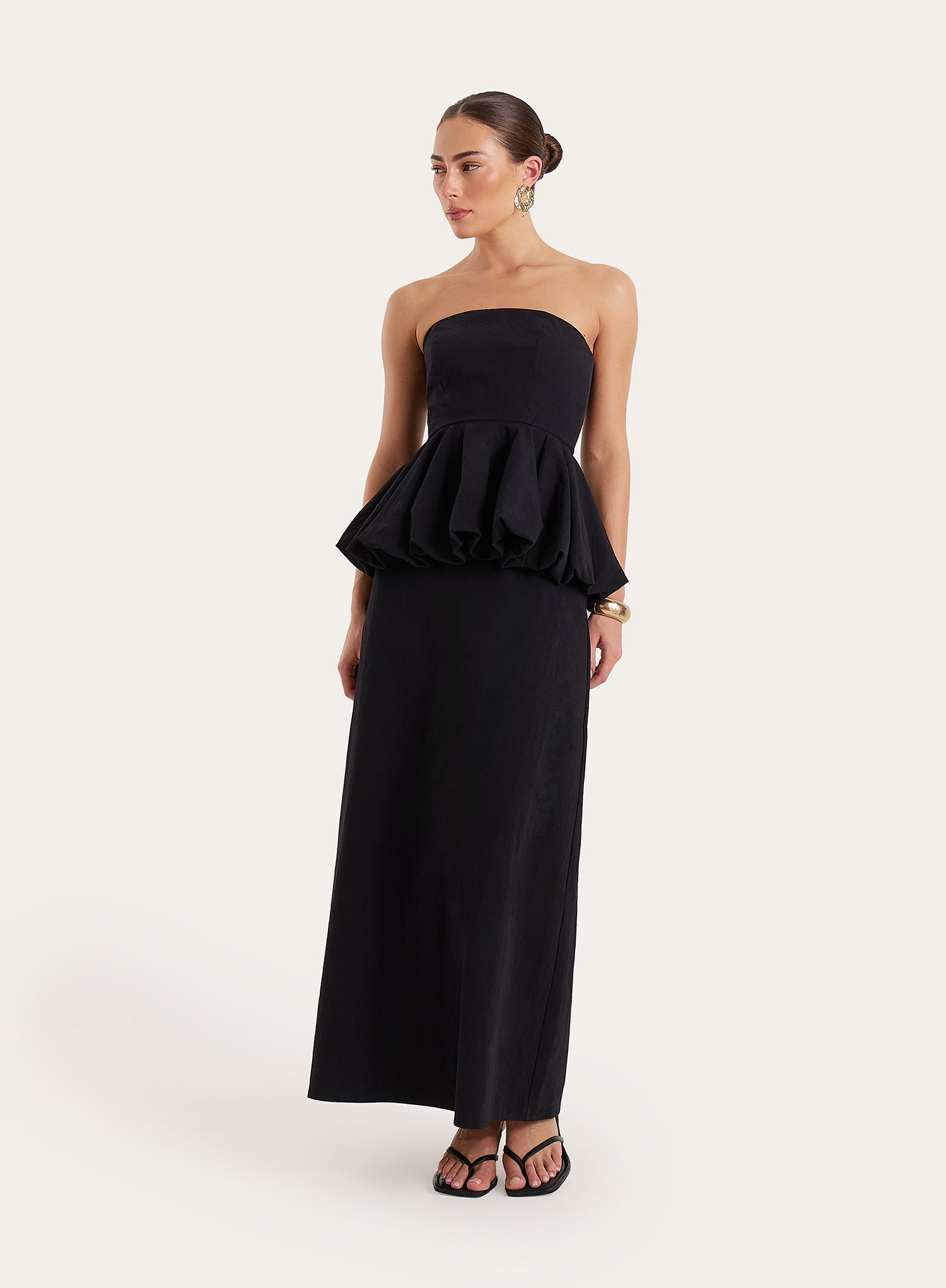 Black Puff Ball Peplum Waist Maxi Dress