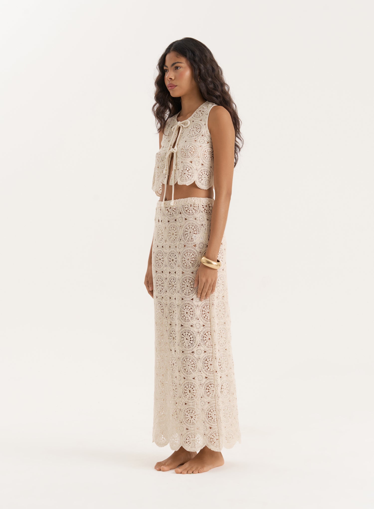 Beige Crochet Tie Front Sleeveless Top- Laurenne