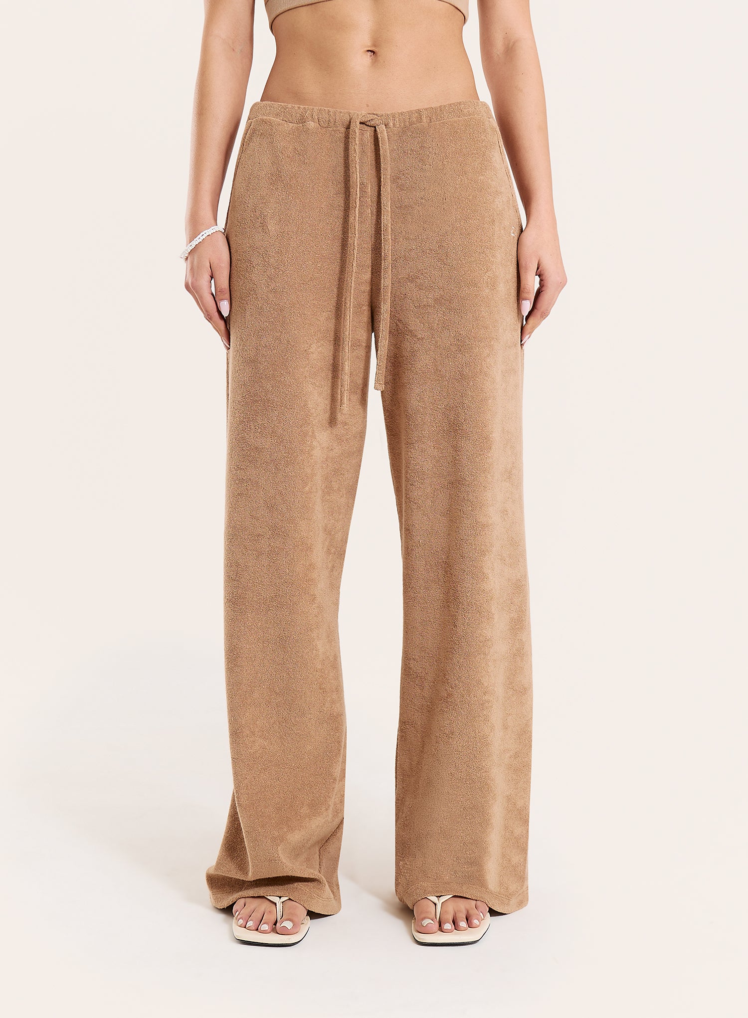 Beige Towelling Wide Leg Trousers