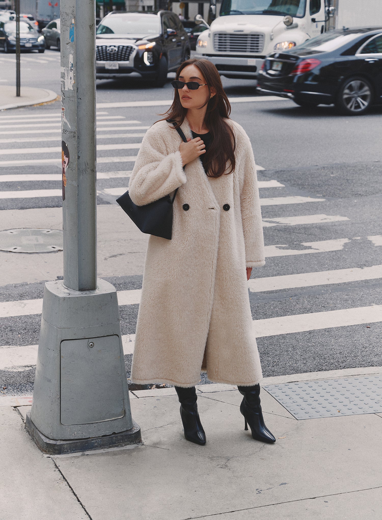 Cream Shearling Longline Buttoned Coat
