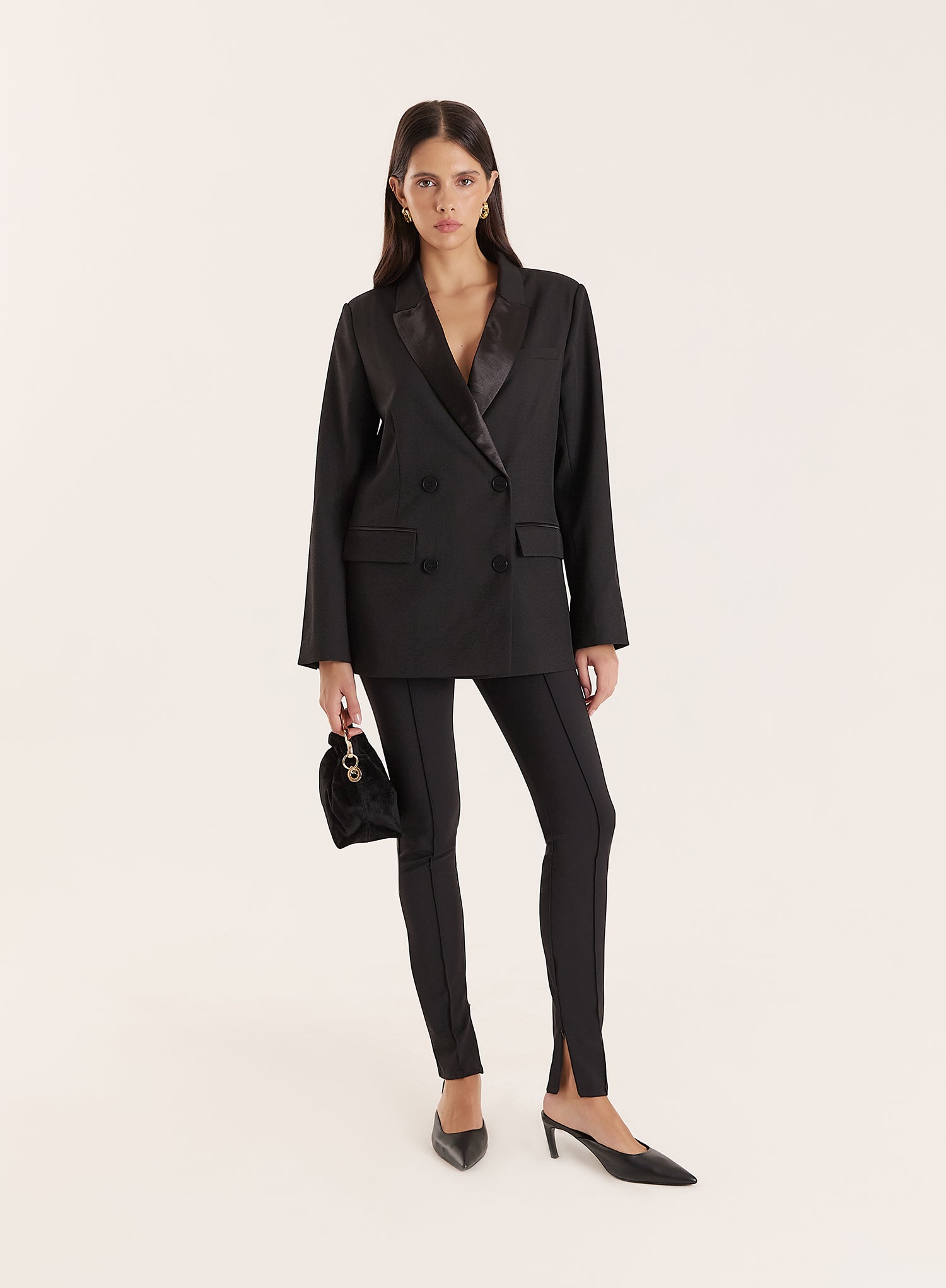 Black Satin Lapel Double Breasted Tuxedo Blazer