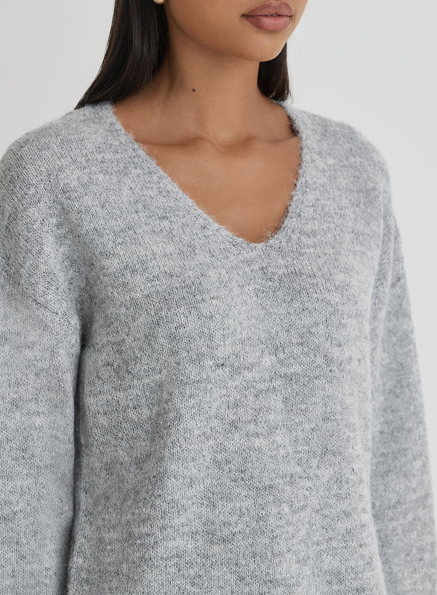 Women's Grey V Neck Knitted Jumper |Cadence| 4th Reckless