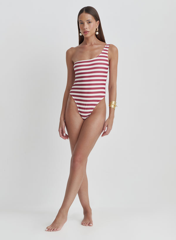 Red And White Stripe One Shoulder Swimsuit- Mala