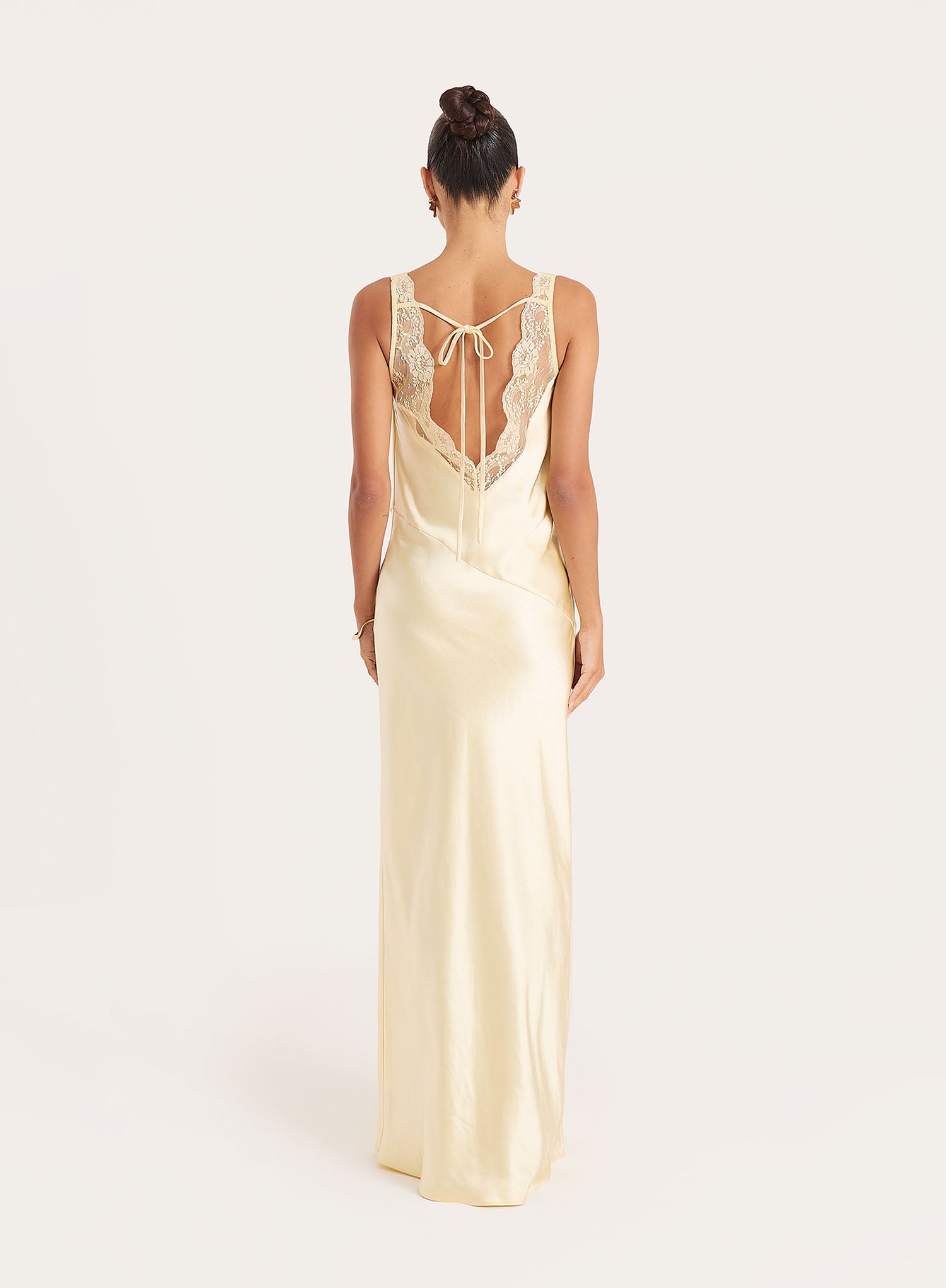 Yellow Satin Backless Lace Trim Maxi Dress