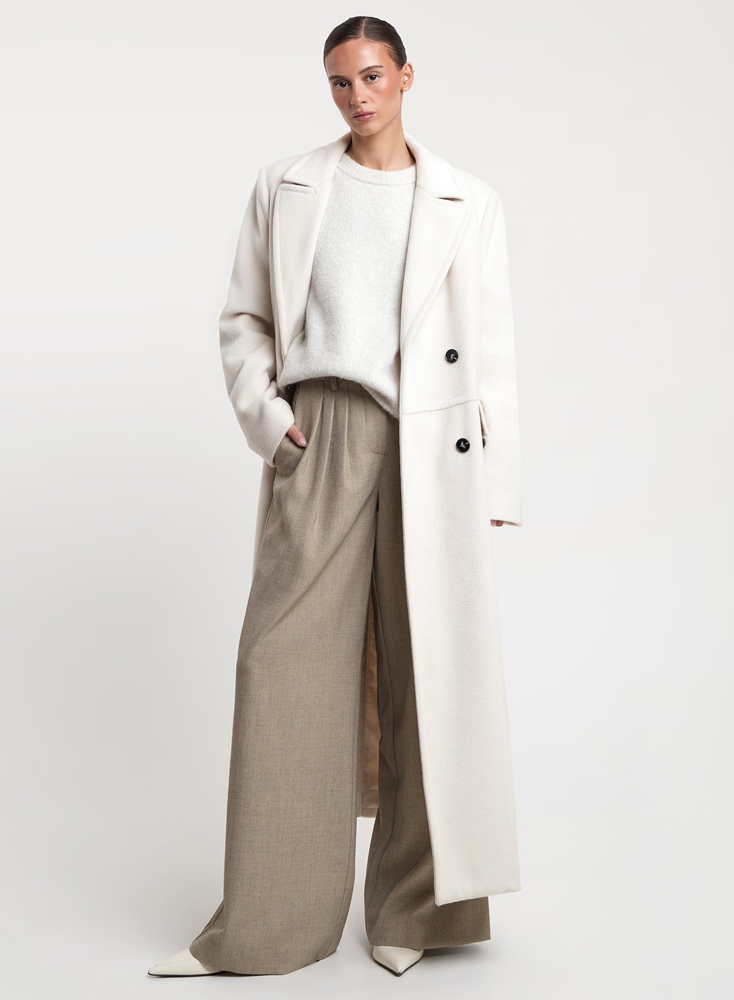 Cream Double-Breasted Longline Coat