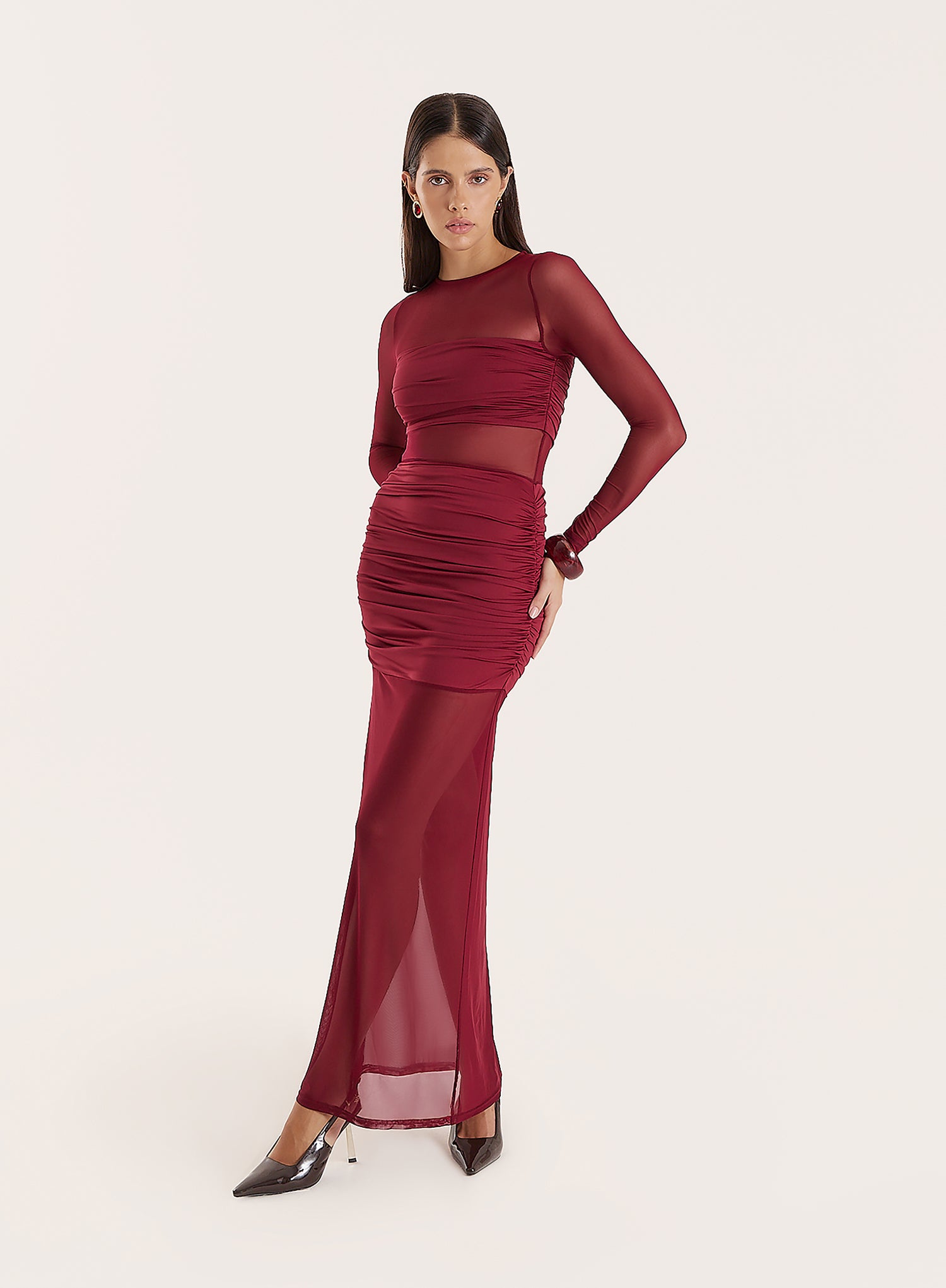 Burgundy Jersey And Mesh Mix Long Sleeved Maxi Dress