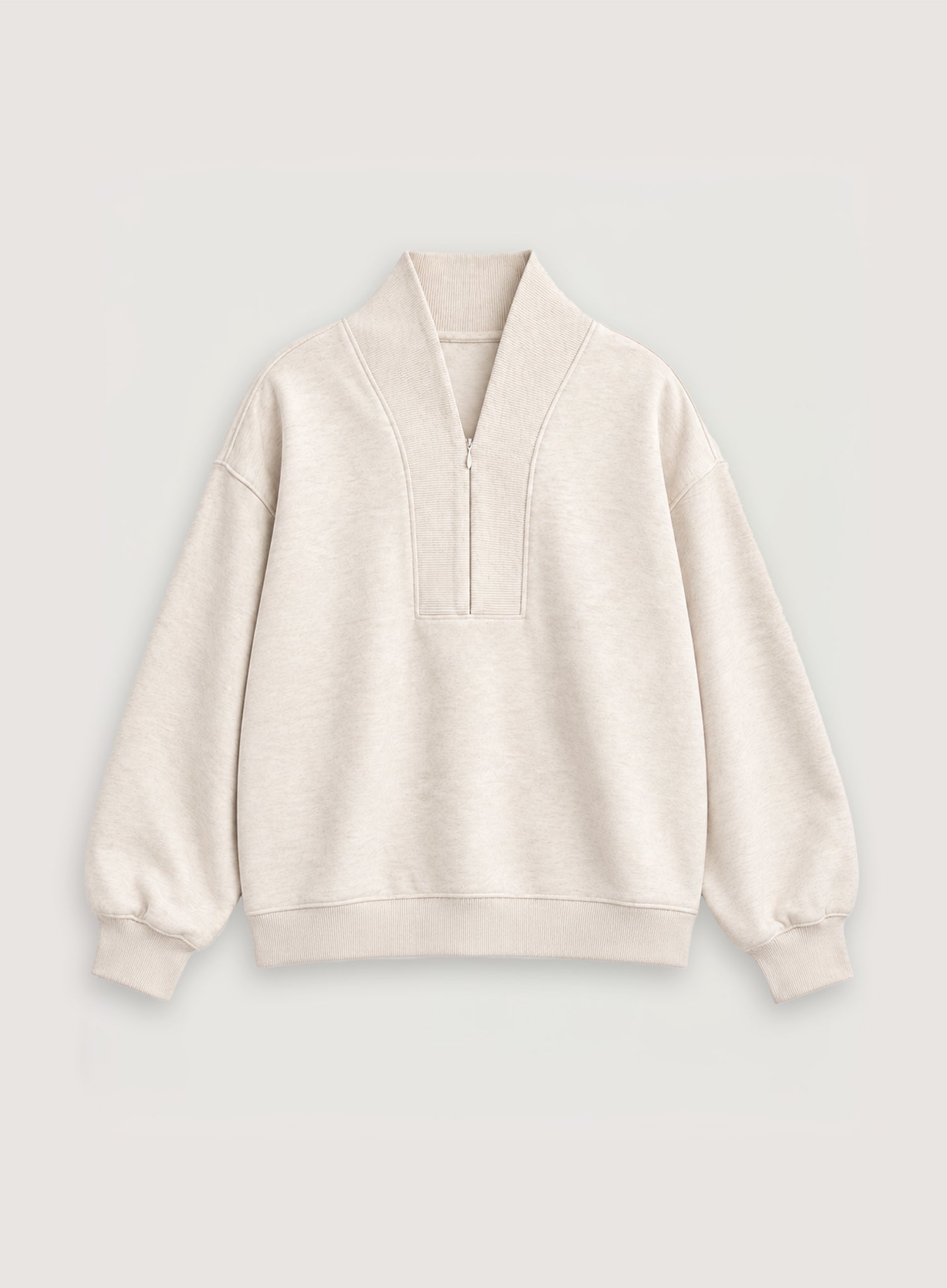 Oatmeal V-Neck Zip Detail Cotton Sweatshirt