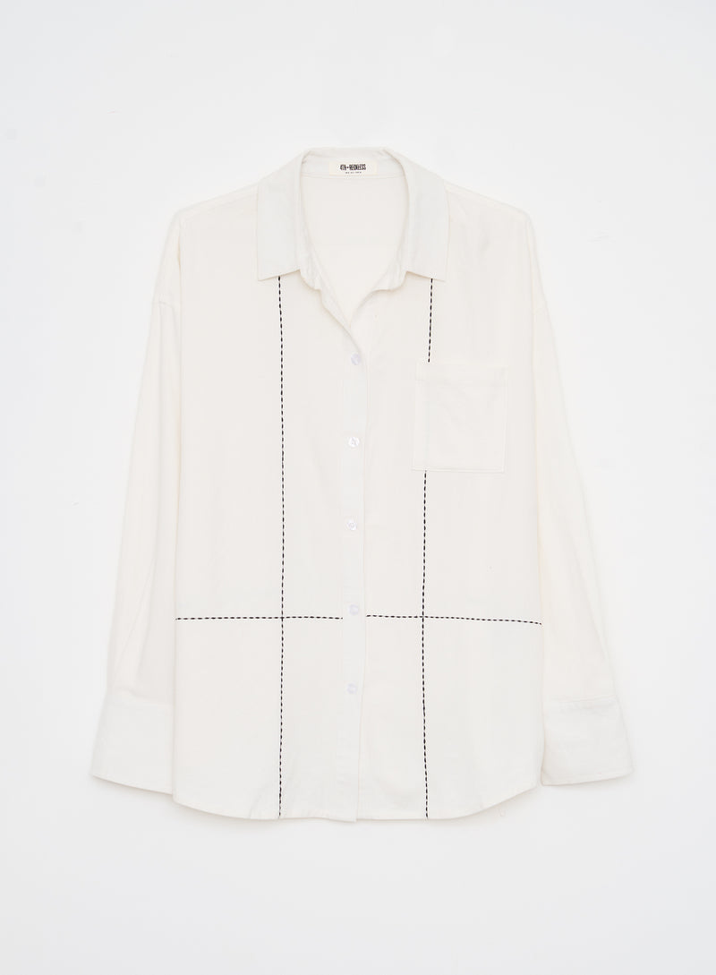 Off White Contrast Stitch Linen Oversized Shirt- Genevive