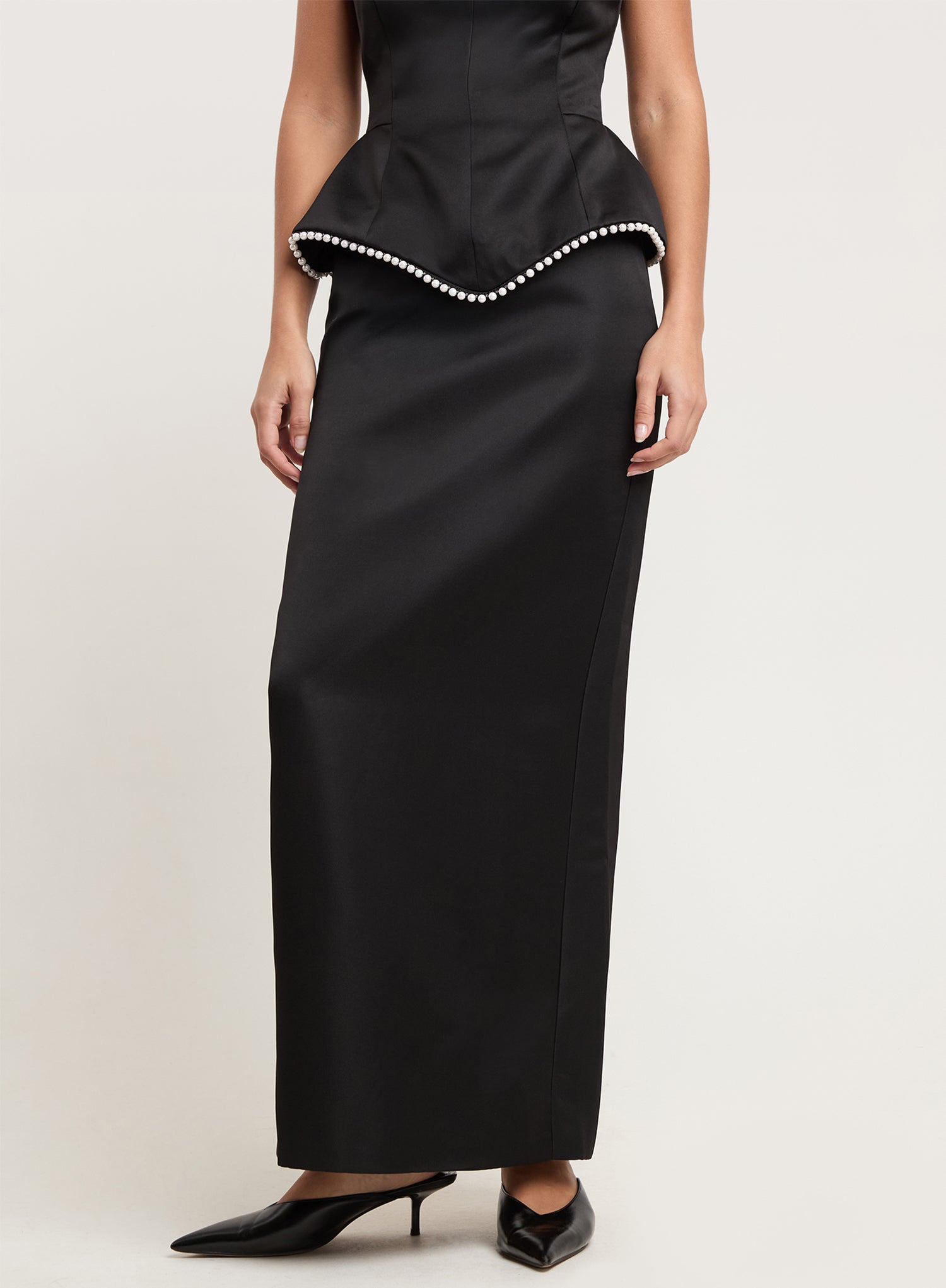 Black Satin Structured Column Maxi Skirt