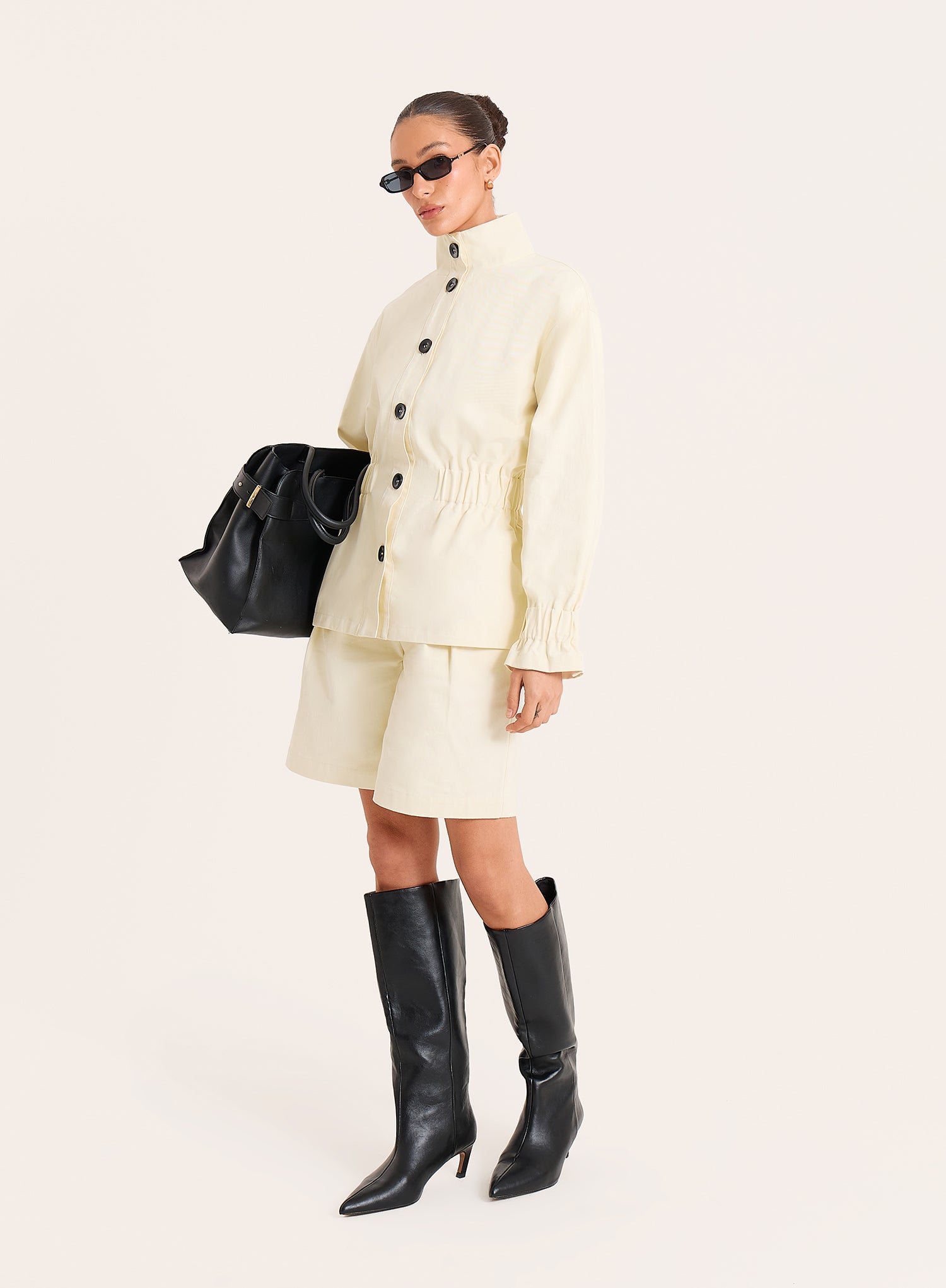 Cream Funnel Neck Cinched Waist Jacket