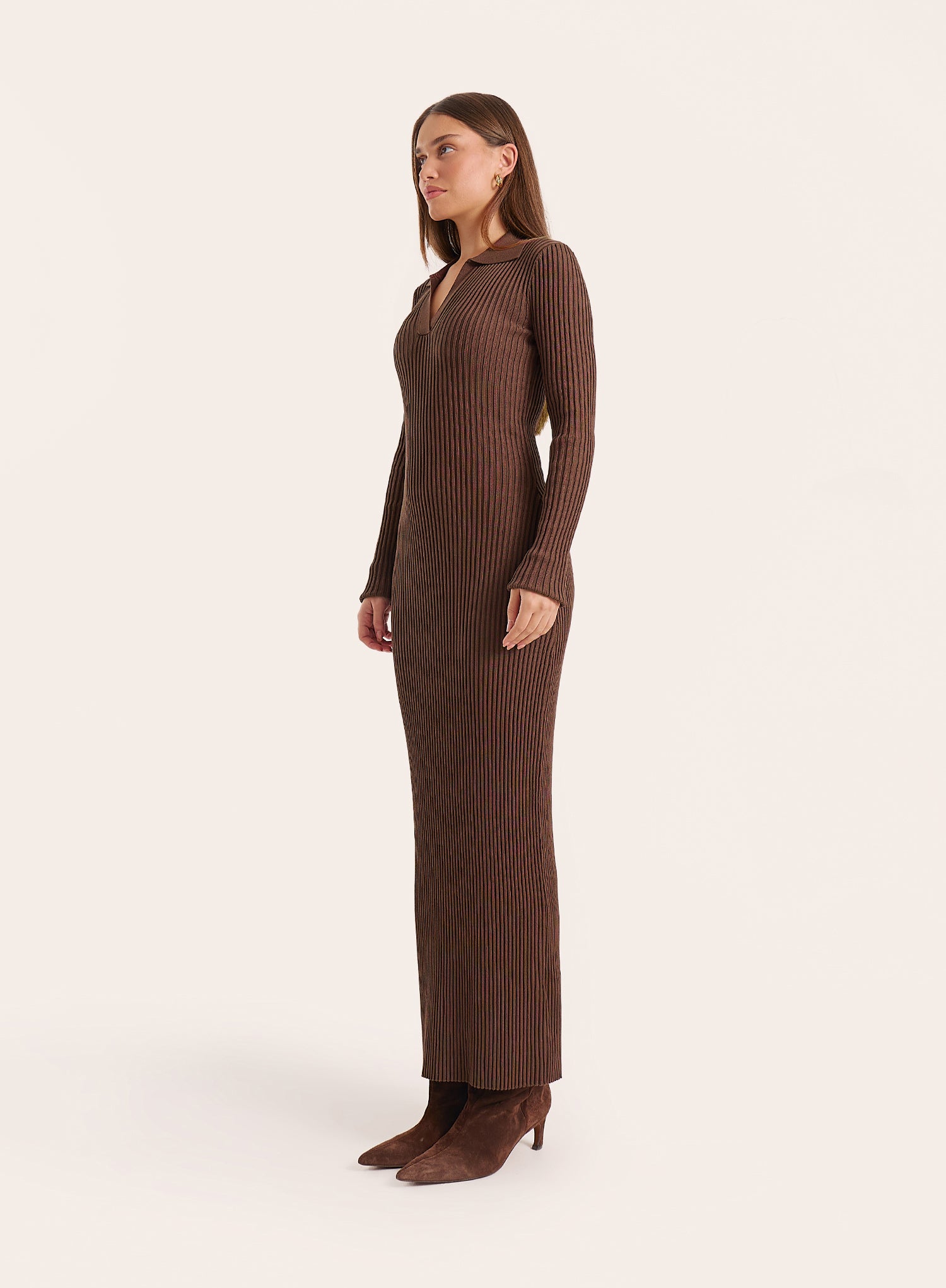 Chocolate Polo Collar Knitted Maxi Dress