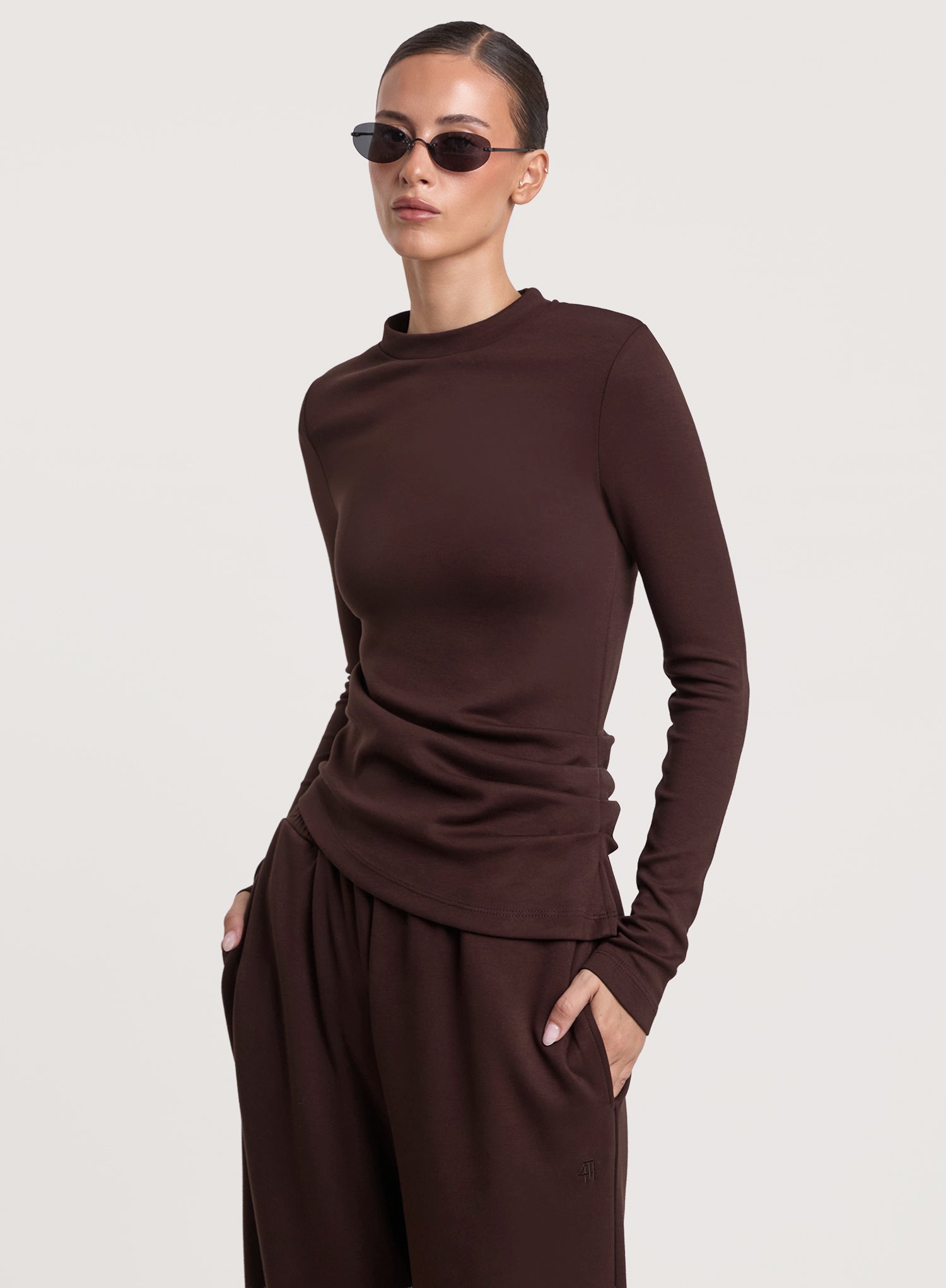 Chocolate Brown Ruched Side Long Sleeve Top