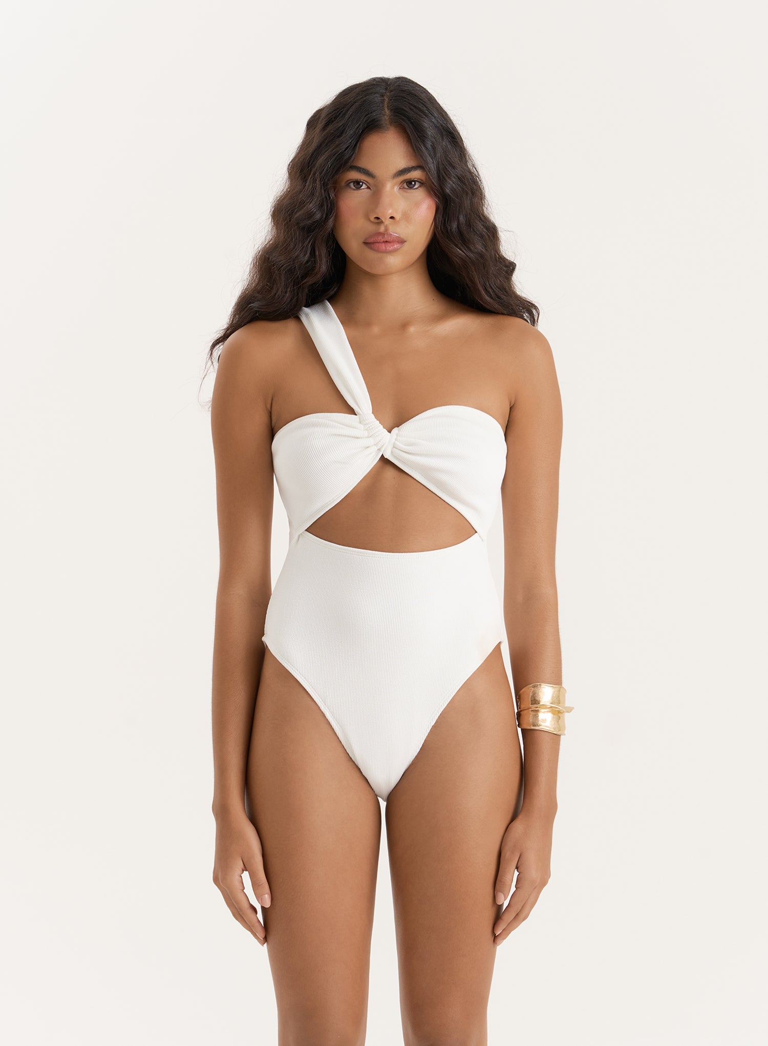 White Twist Front Crinkle Cut Out Swimsuit- Ellison