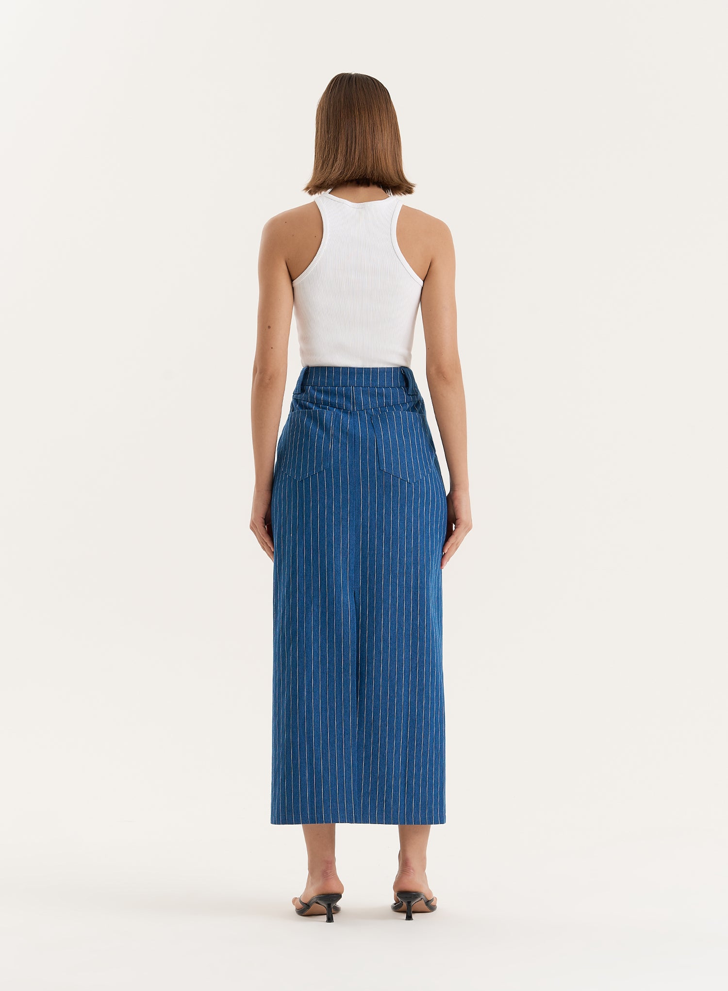 Blue Pinstripe Tailored Denim Maxi Skirt- Dionne