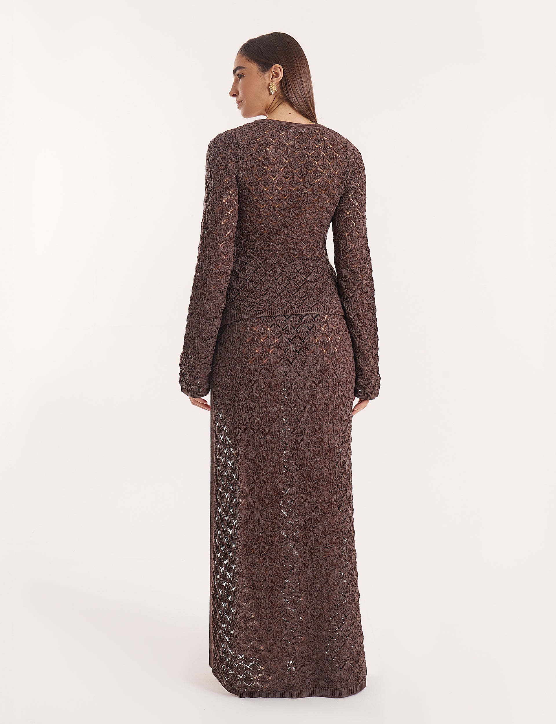 Chocolate Brown Crochet Thigh Split Maxi Skirt