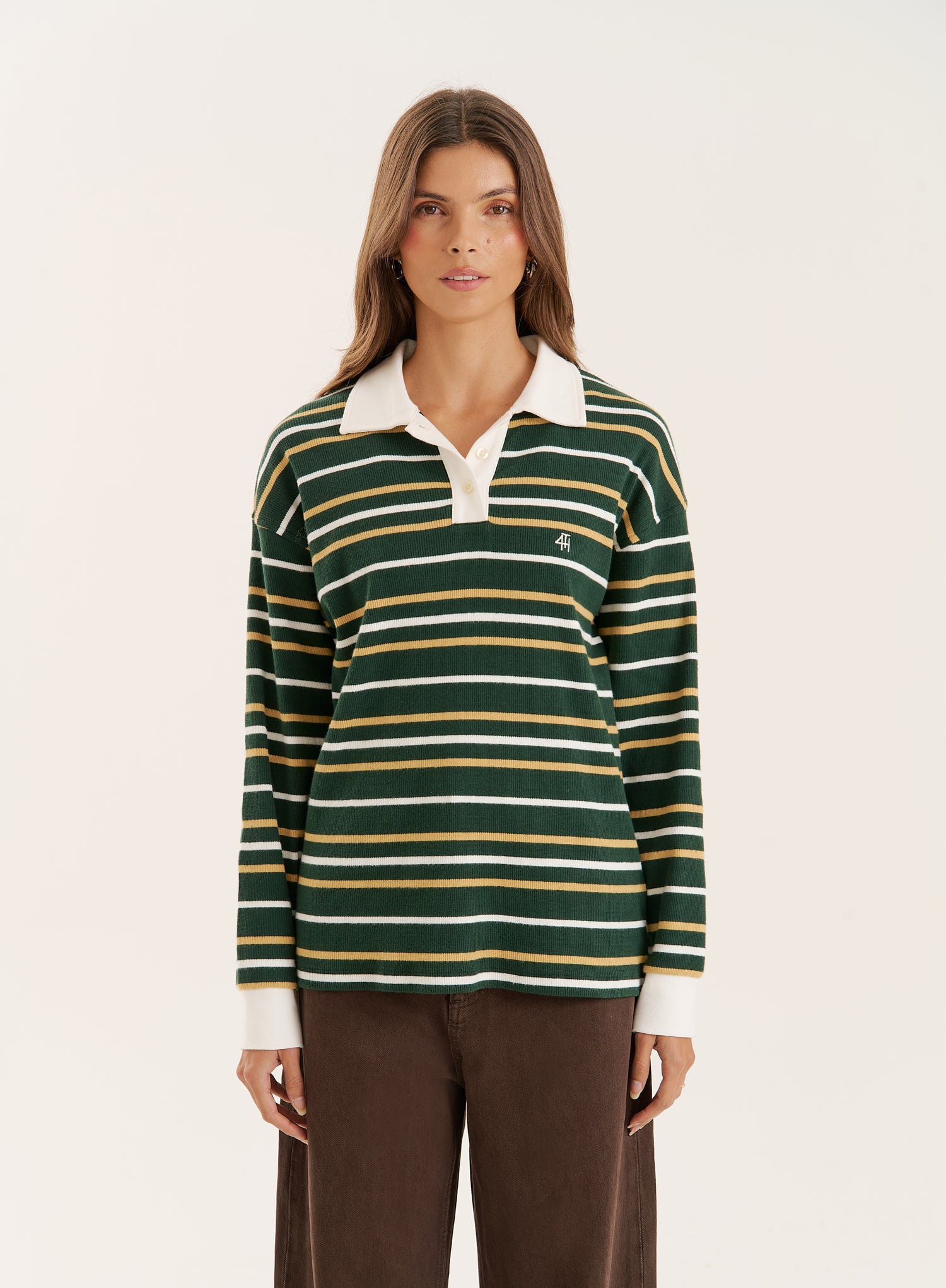 Green Striped Contrast Collar Rugby Top