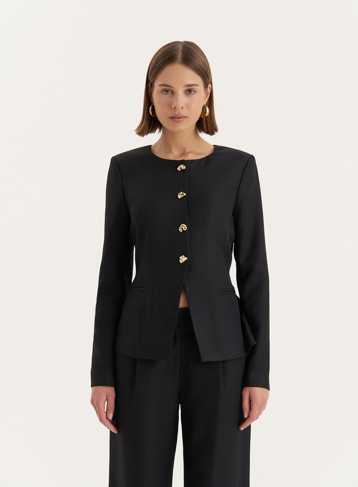 Women's Black Tailored Gold Button Front Split Blazer | Polly | 4th & Reckless