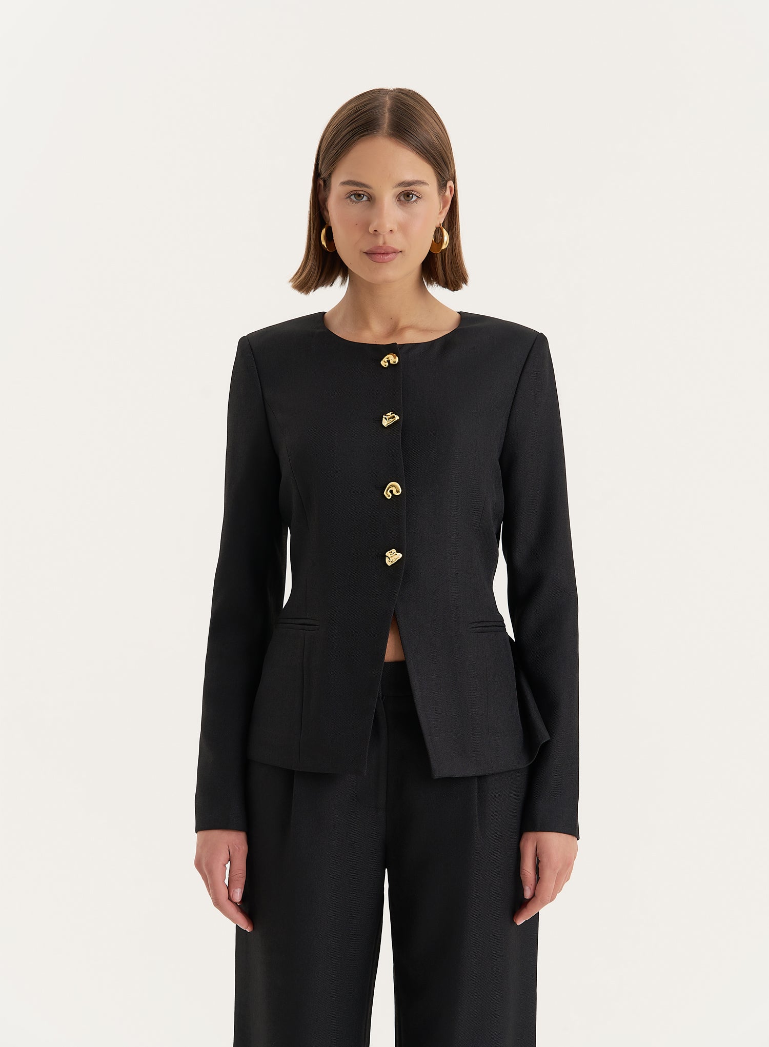 Black Tailored Gold Button Front Split Blazer- Polly