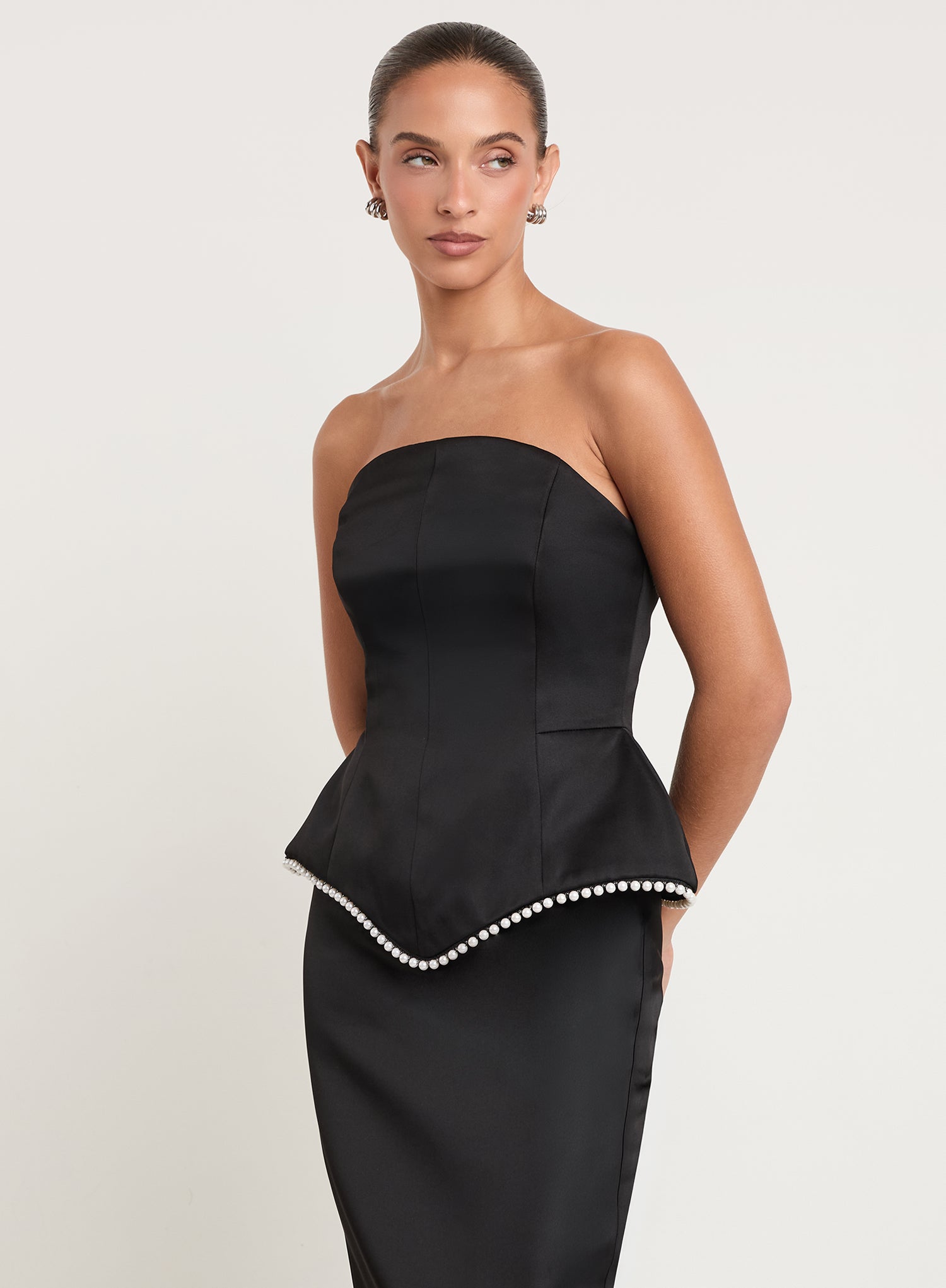 Black Satin Pearl Hem Structured Corset