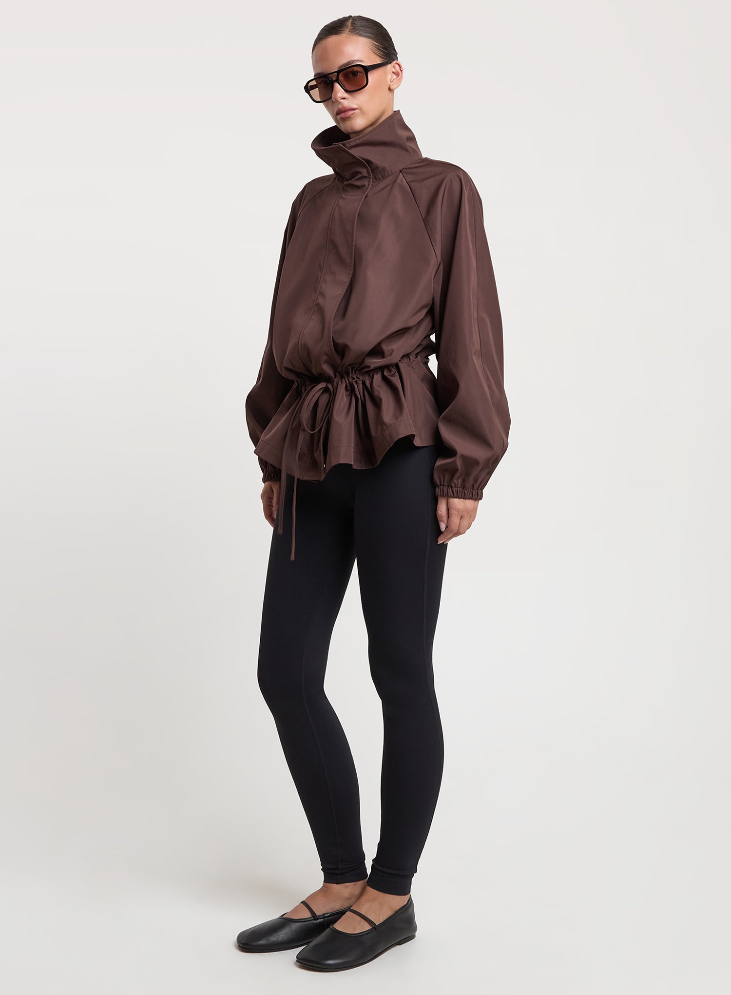 Chocolate Brown Peplum Hem Funnel Neck Jacket