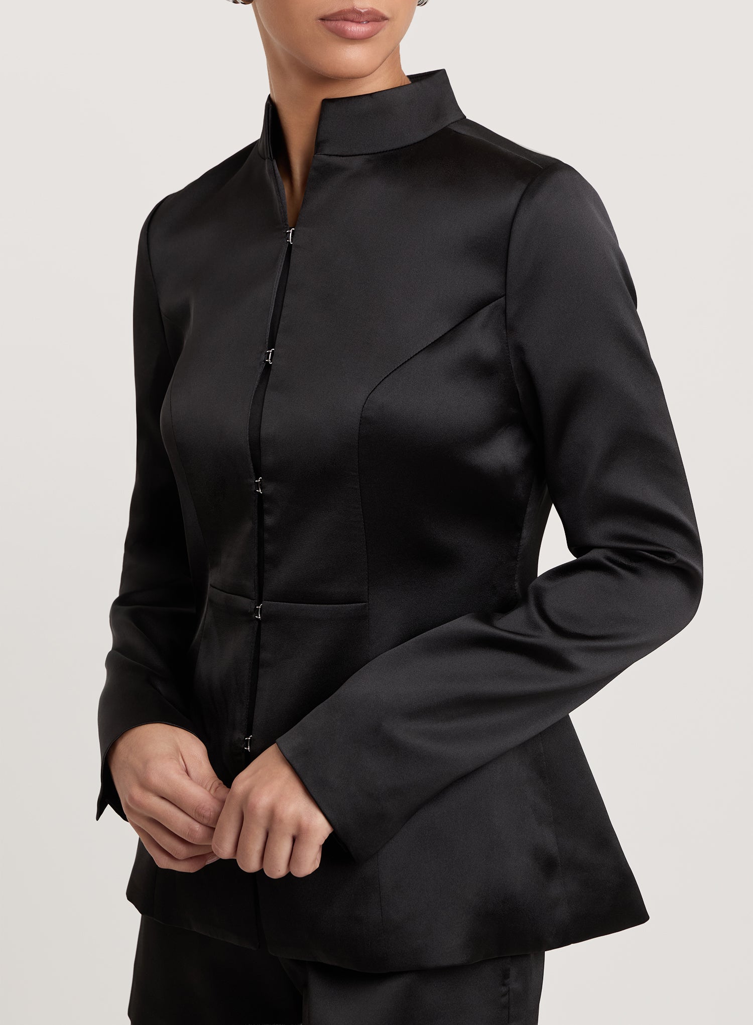 Black Satin Mandarin Collar Structured Jacket