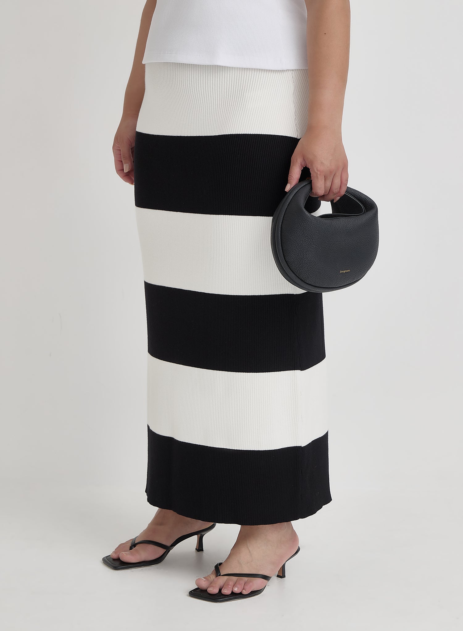 Black And Cream Plus Size Stripe Knitted Maxi Skirt- Jacqueline