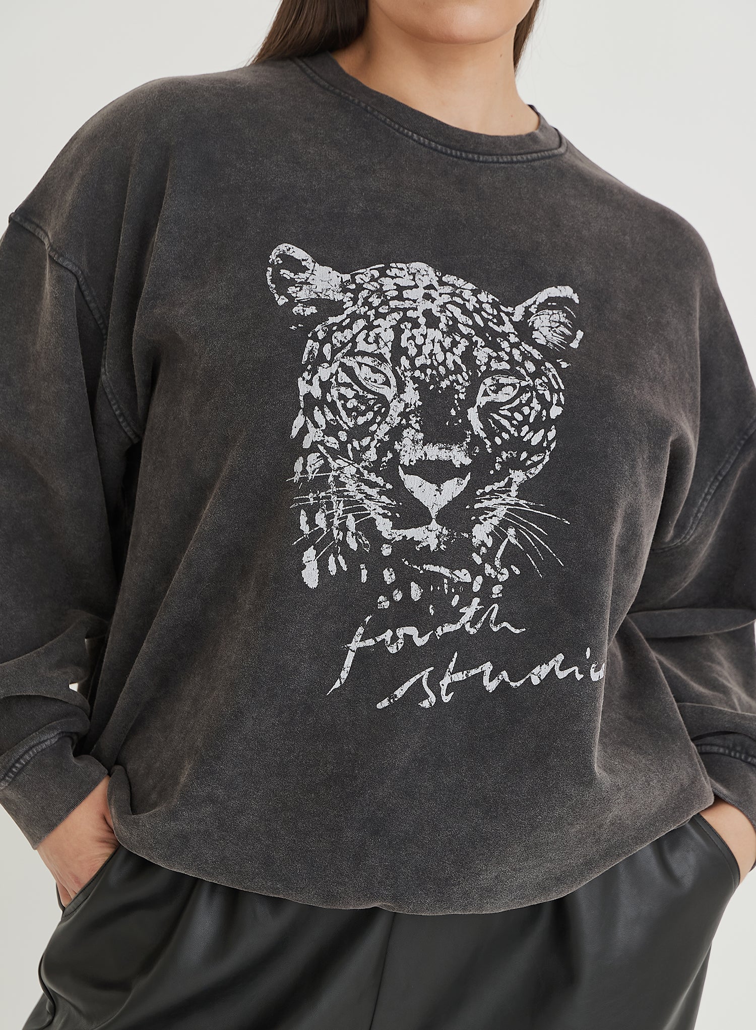 Black Acid Wash Curve Leopard Motif Oversized Sweatshirt- Cara