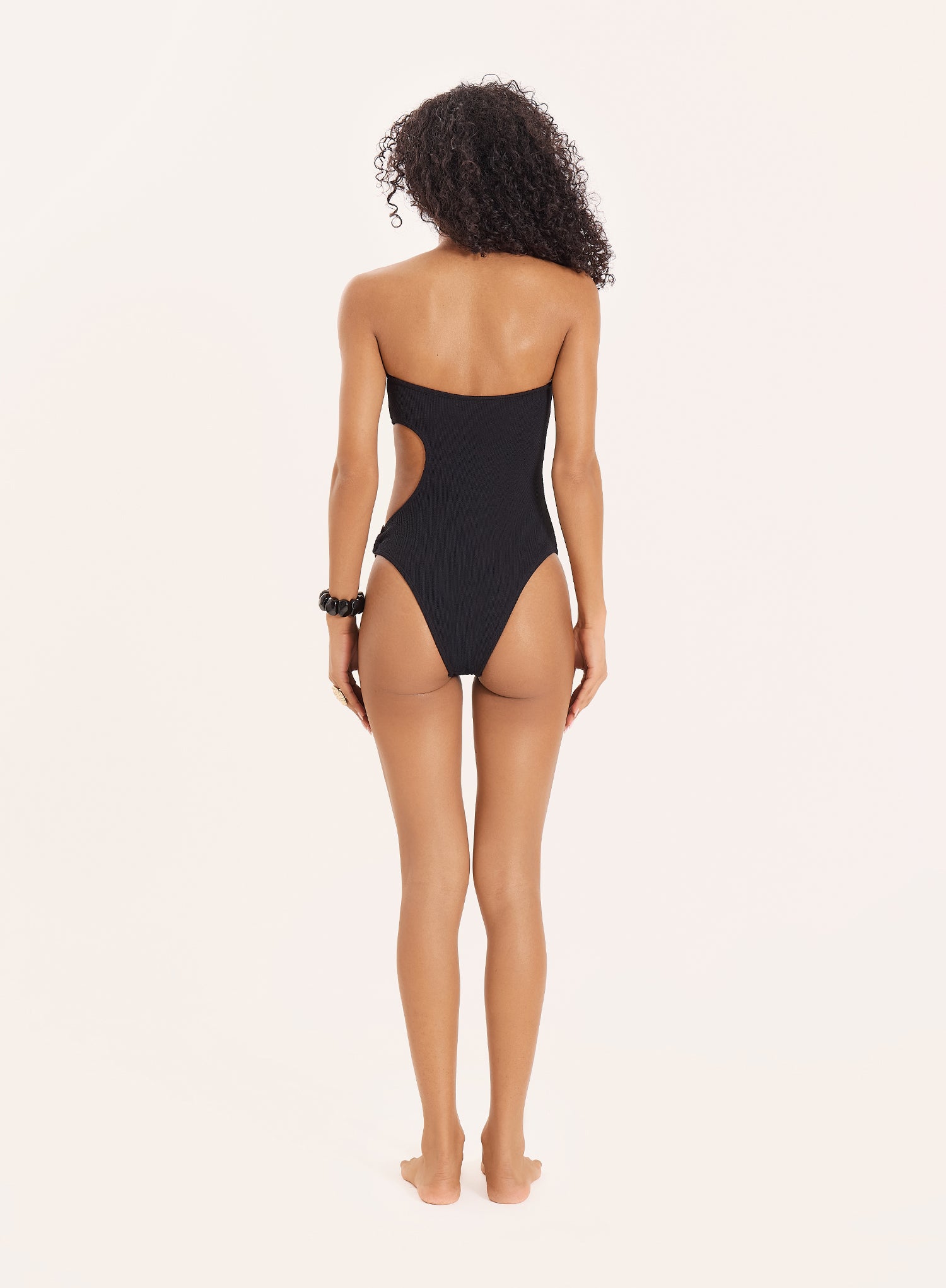 Black Spiral Hardware Cut Out Crinkle Bandeau Swimsuit
