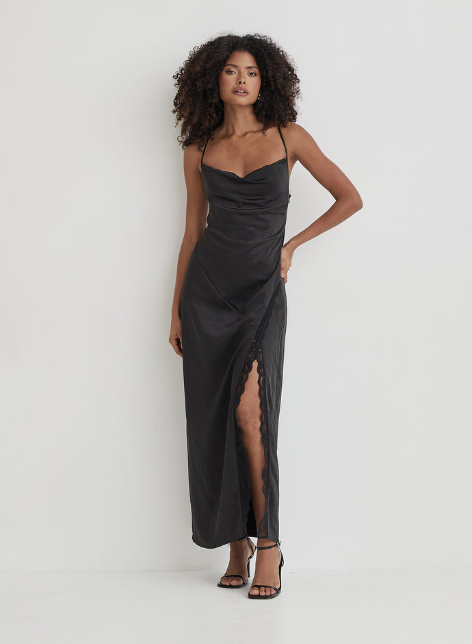 Black Satin Side Split Maxi Dress- Kacie