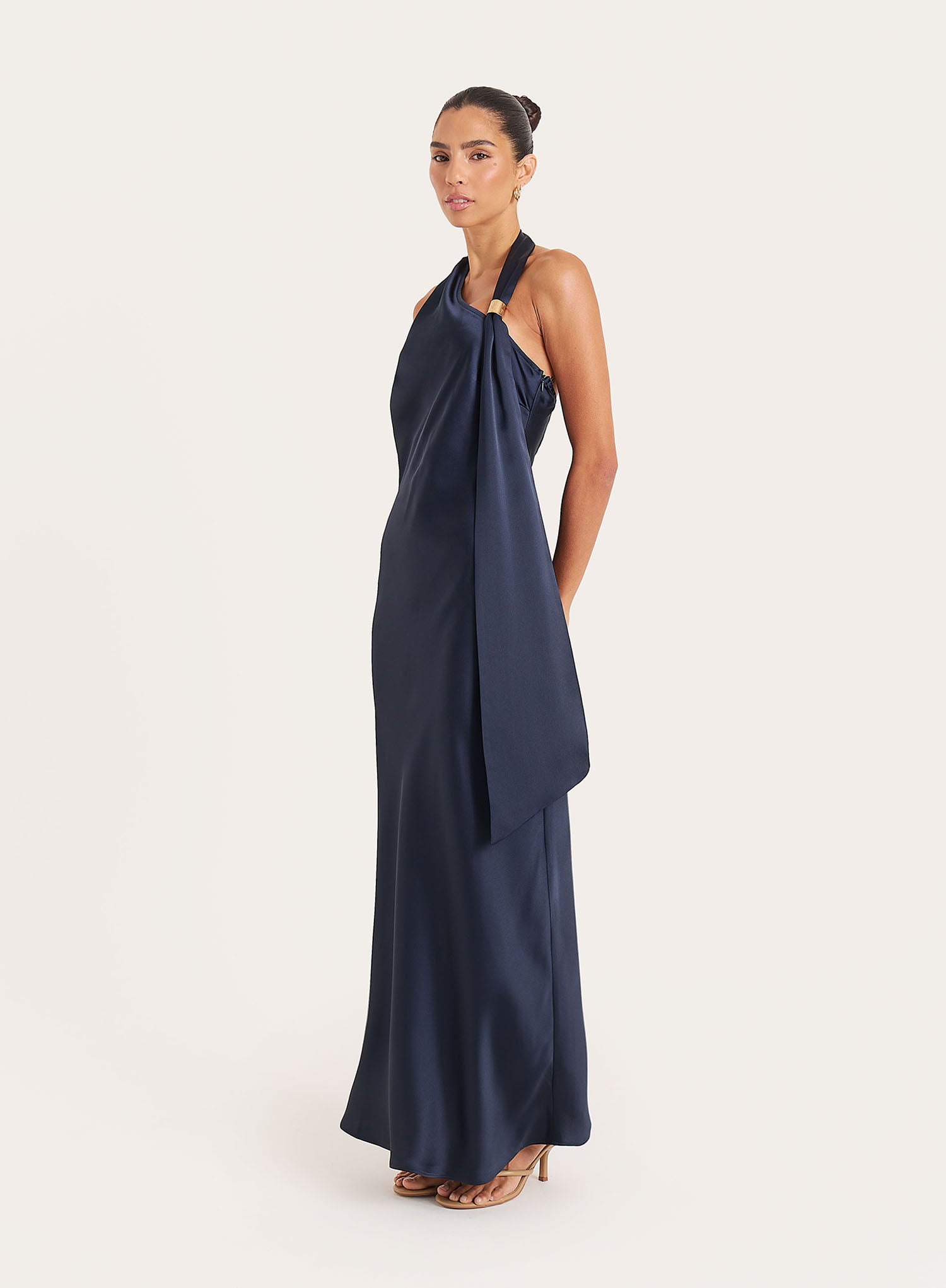 Navy Satin Halterneck Maxi Dress