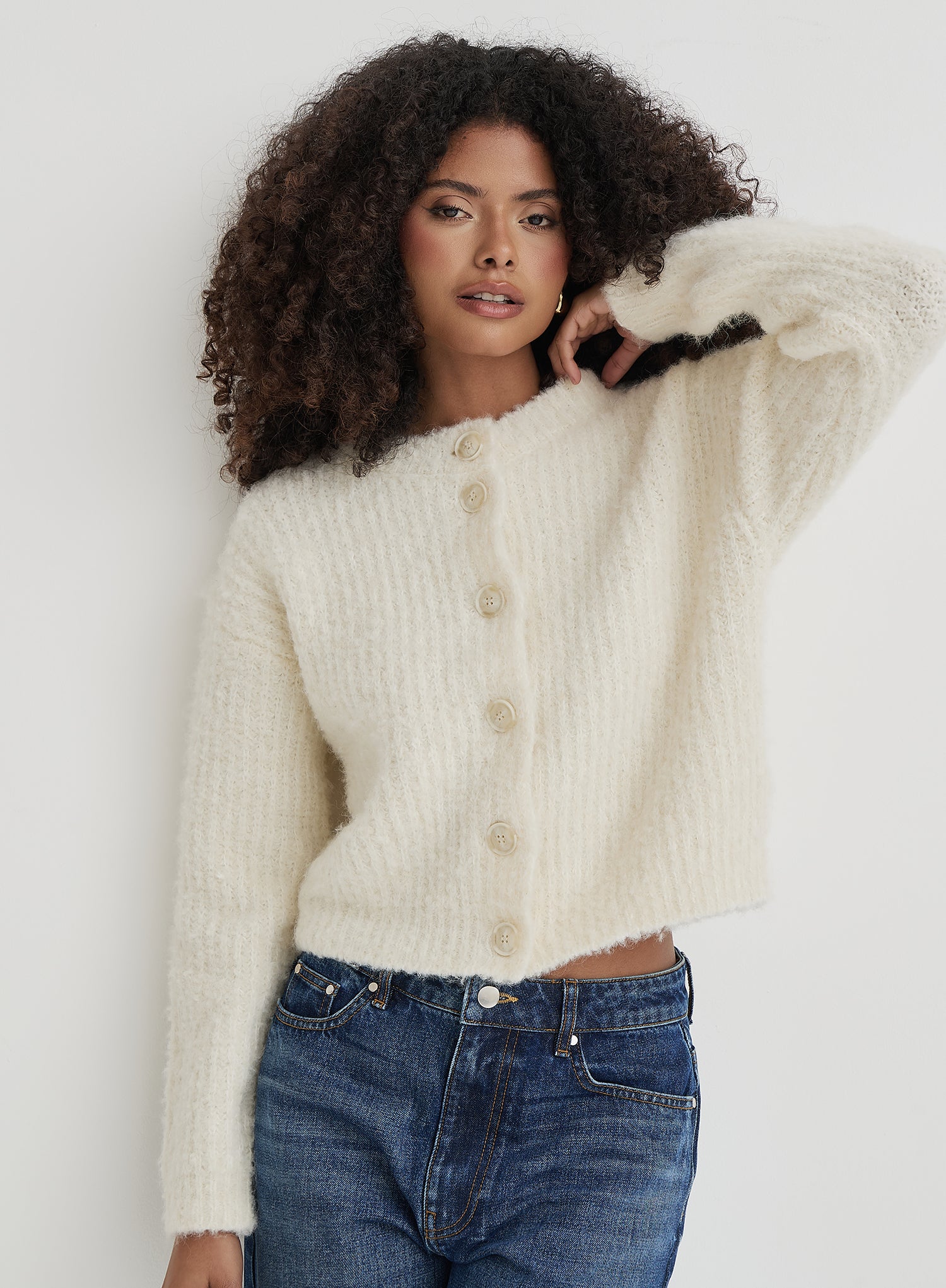 Cream Fluffy Knit Crew Neck Cardigan- Kinsley