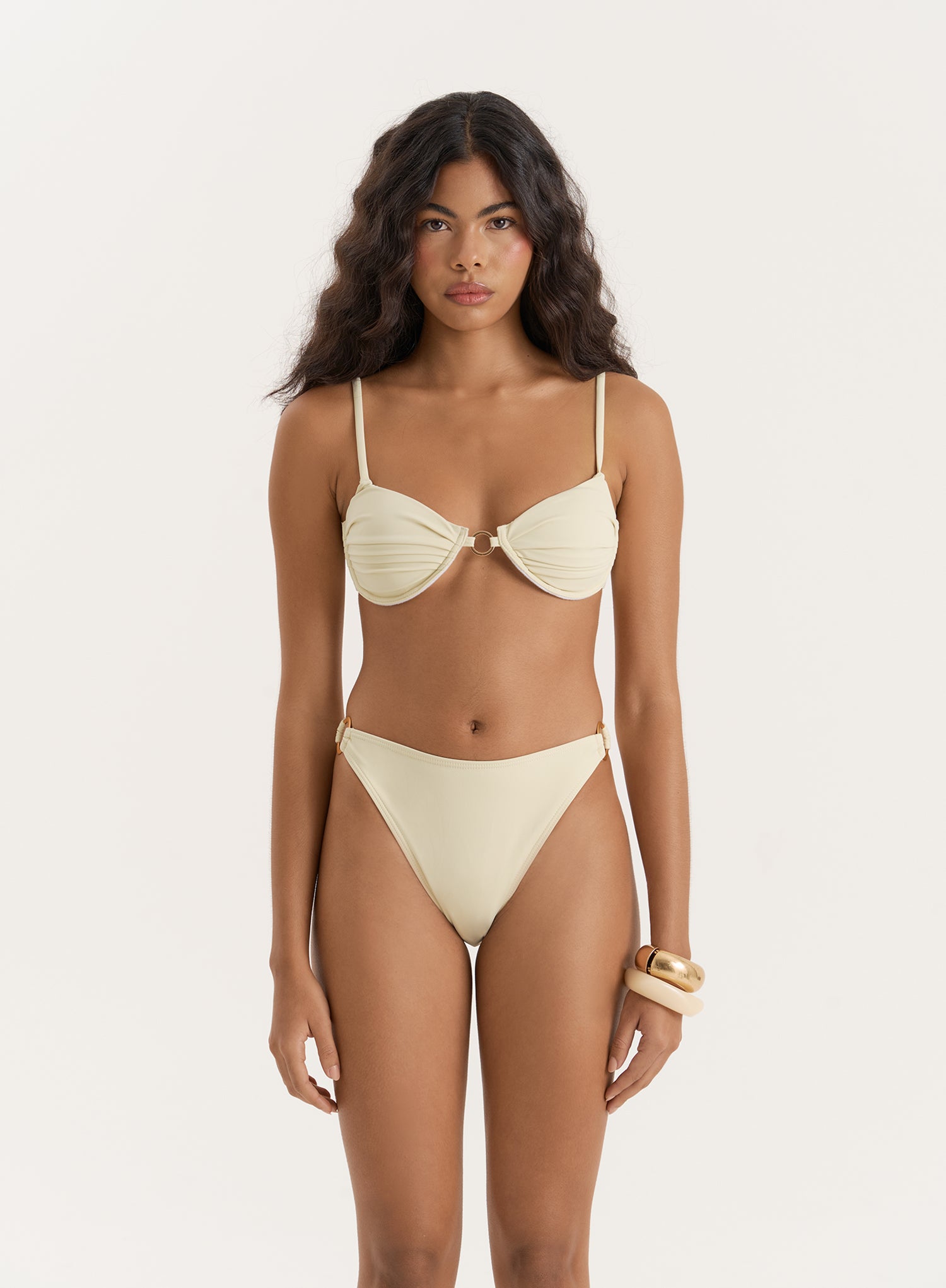 Cream Gold Buckle High Leg Bikini Bottom- Mahli