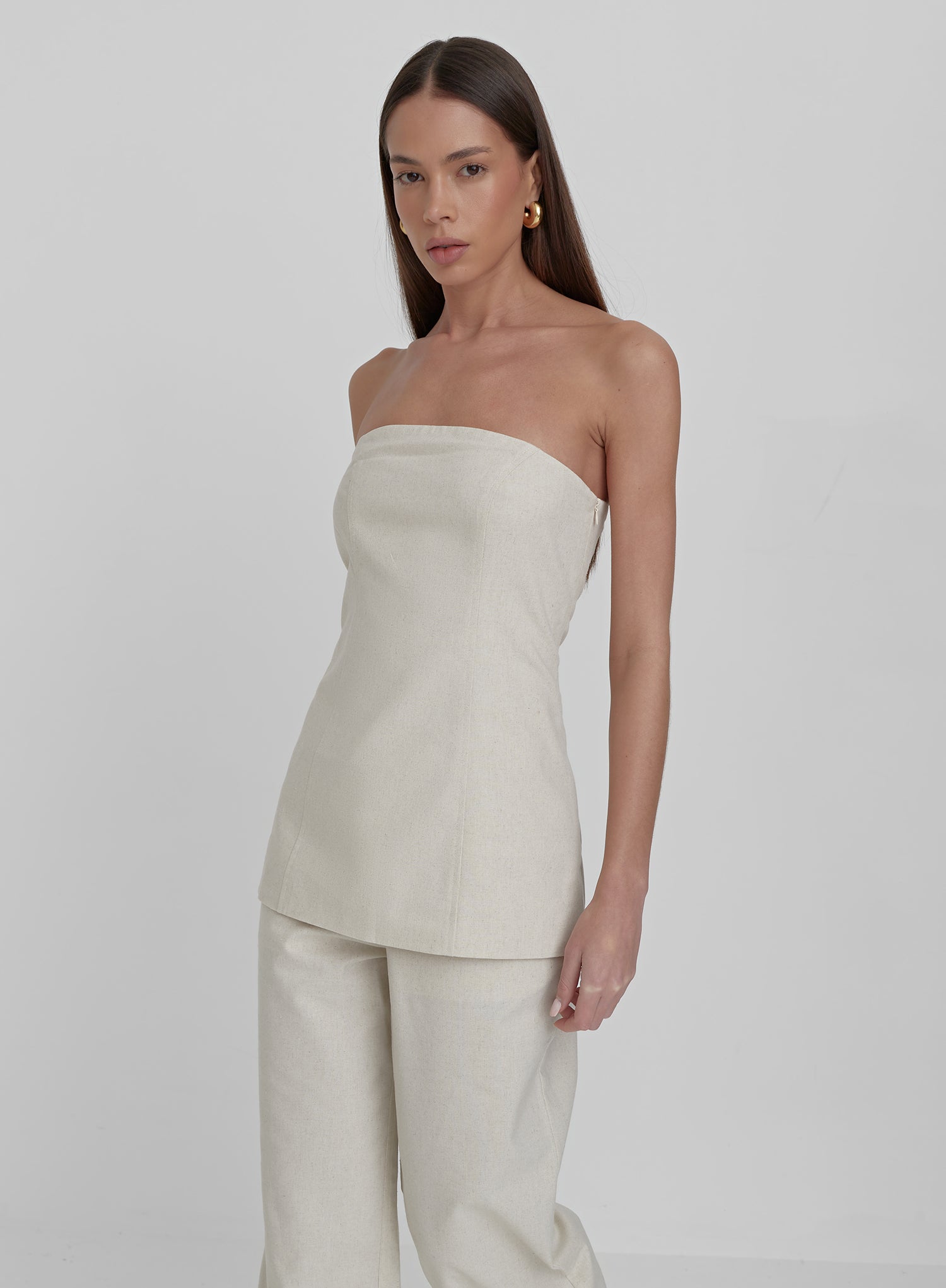 Cream Linen Look Longline Corset Top-Liana