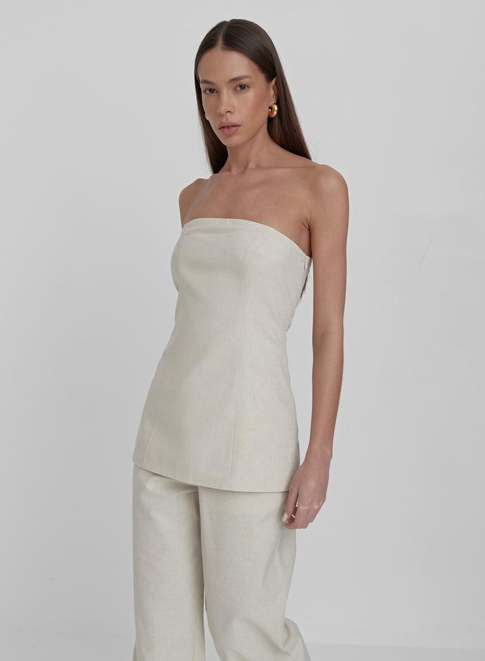 Cream Linen Look Longline Corset Top-Liana