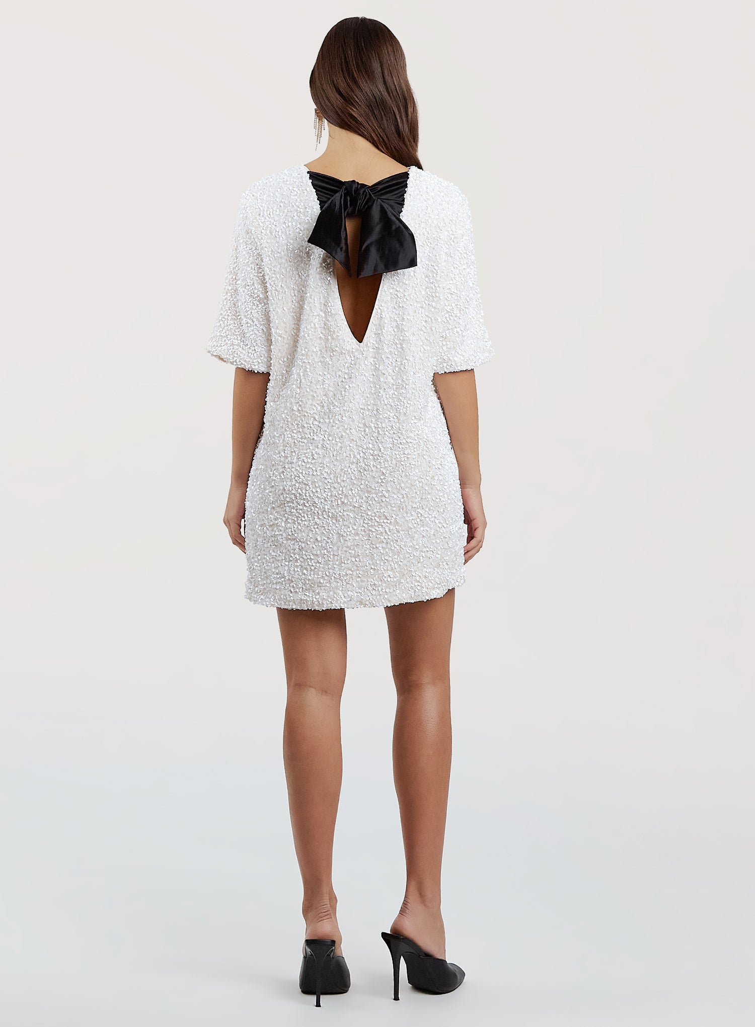 Cream Sequin Bow Tie Back Mini Dress