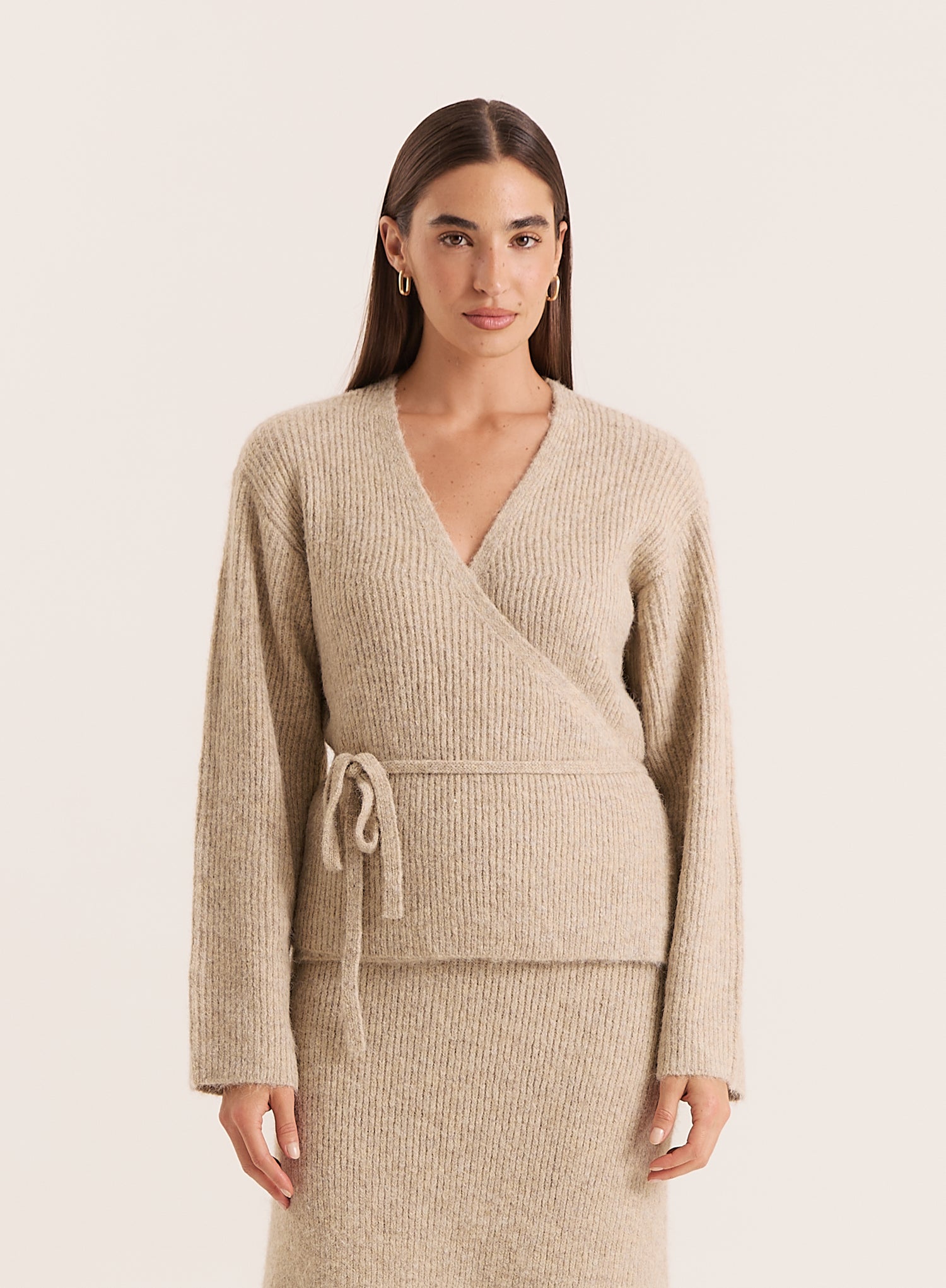 Oatmeal Knitted Tie Front Wrap Top