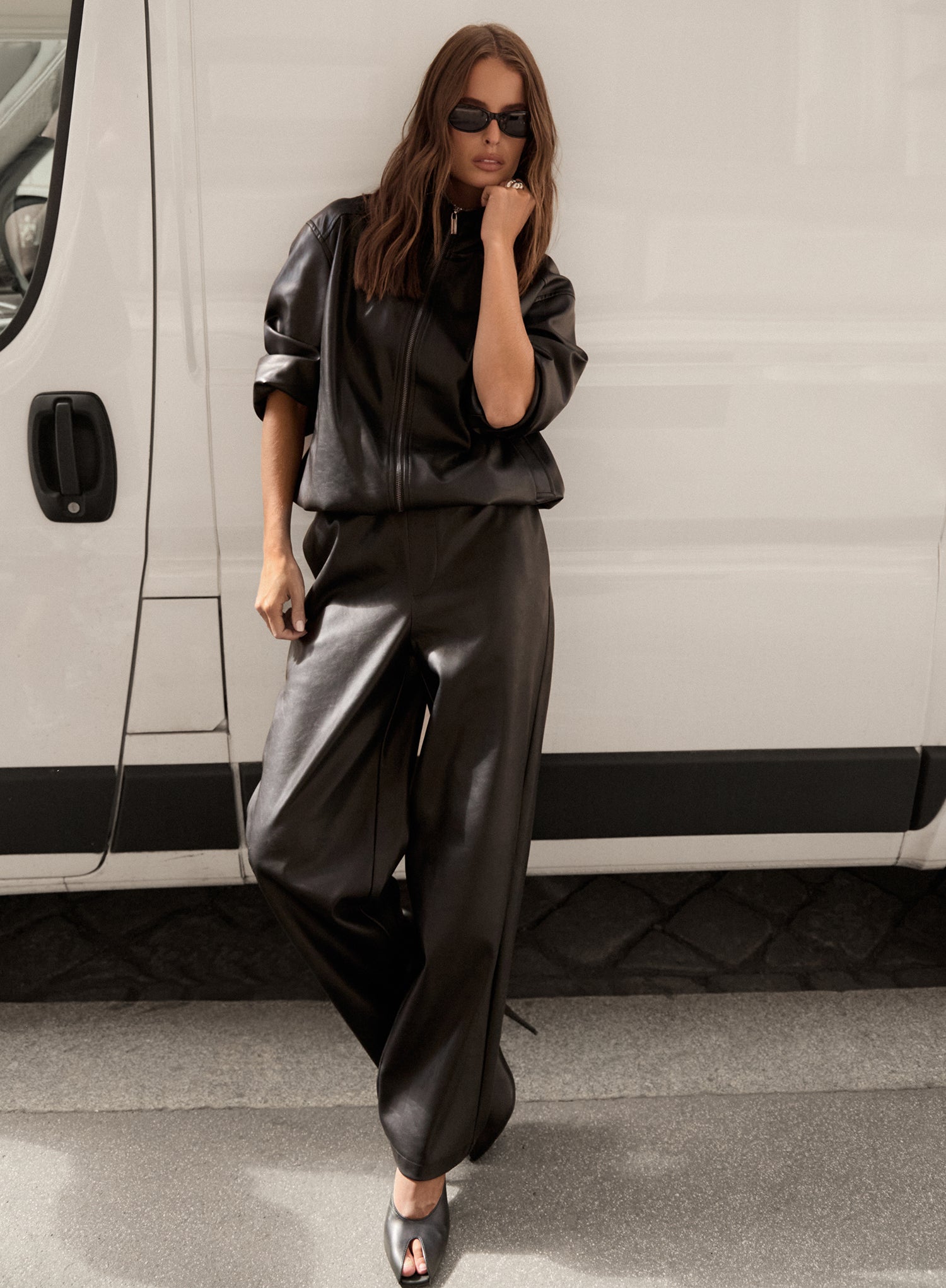 Black Faux Leather Barrel Leg Trousers