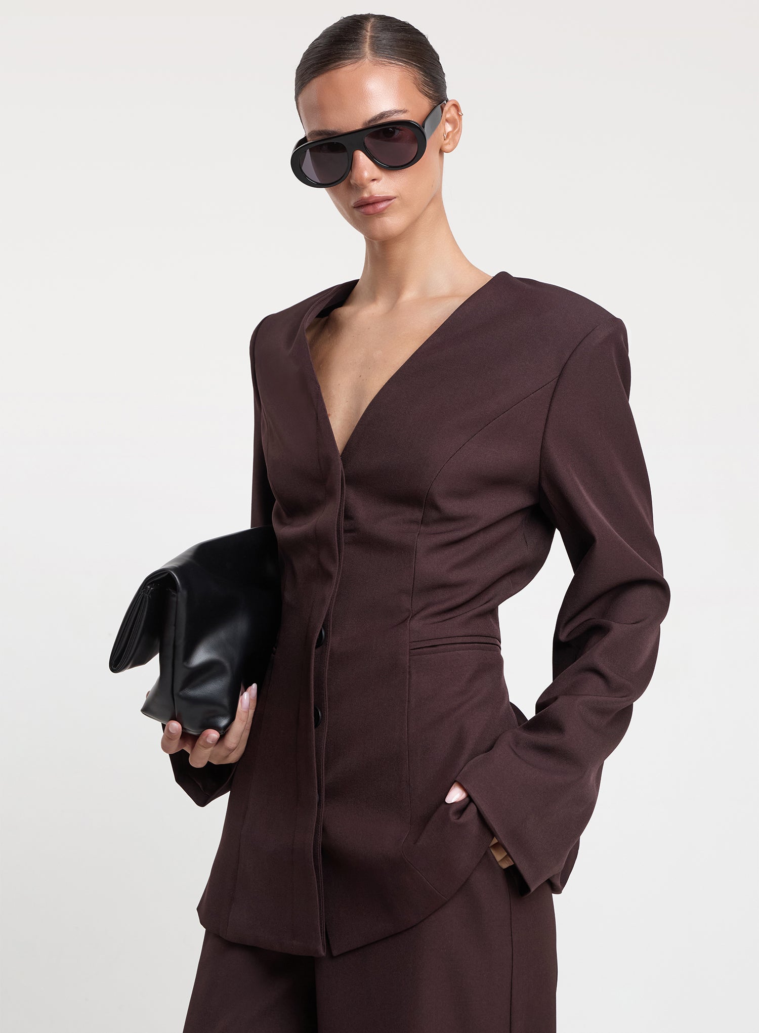 Plum Collarless Cinched Waist Blazer