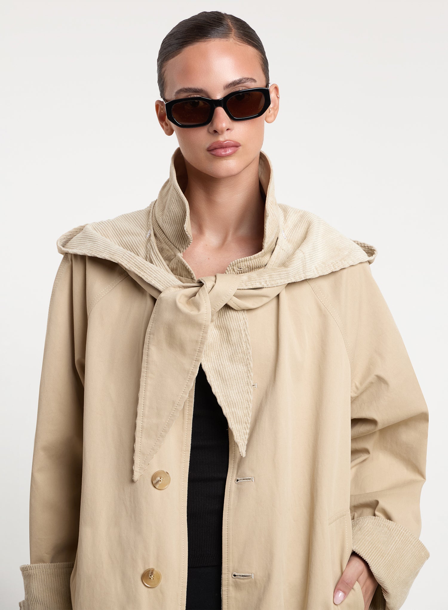 Beige Tie Scarf Reversible Cotton Trench Coat