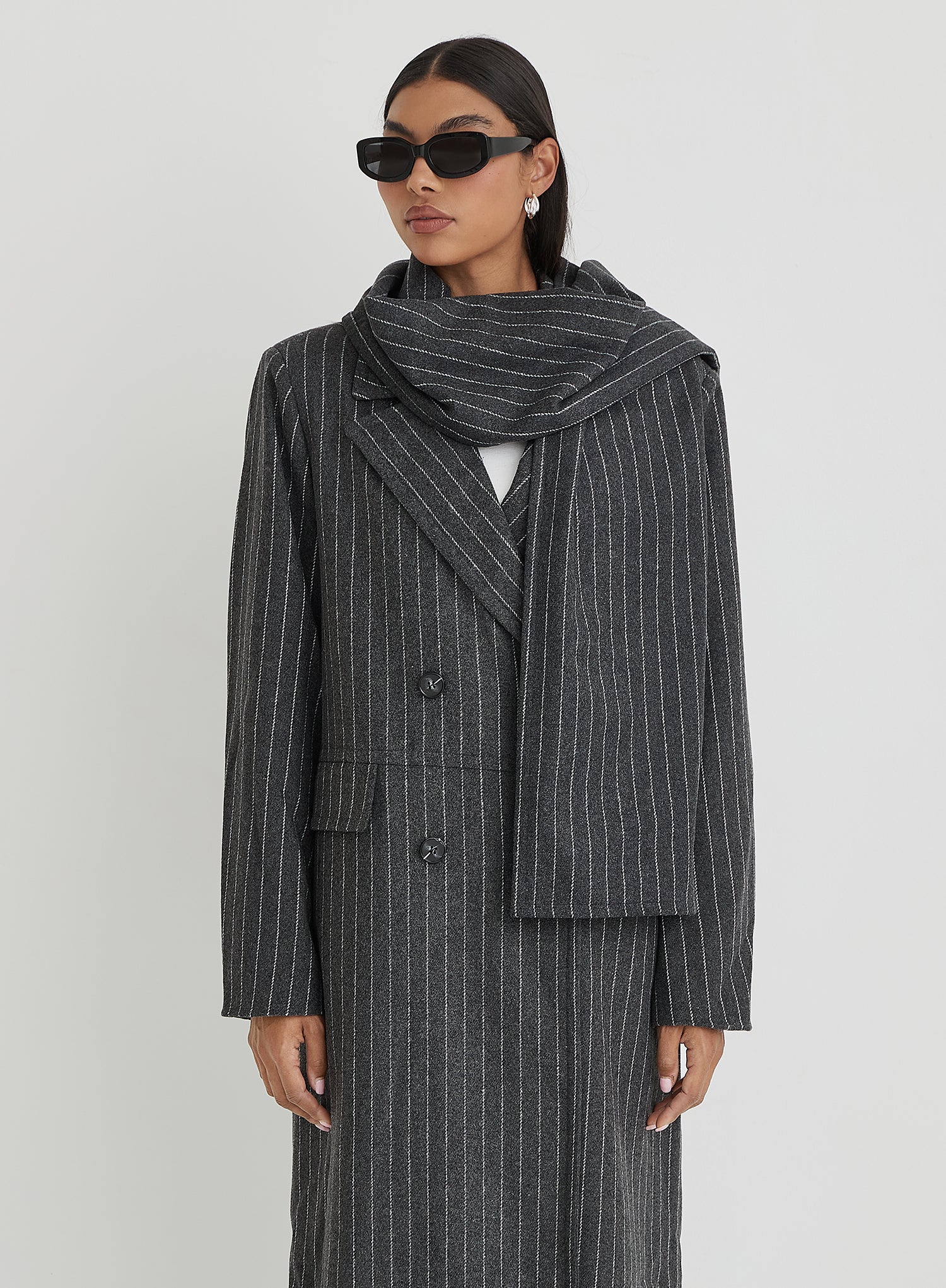 Grey Pinstripe Tailored Oversized Maxi Coat With Scarf- Melia