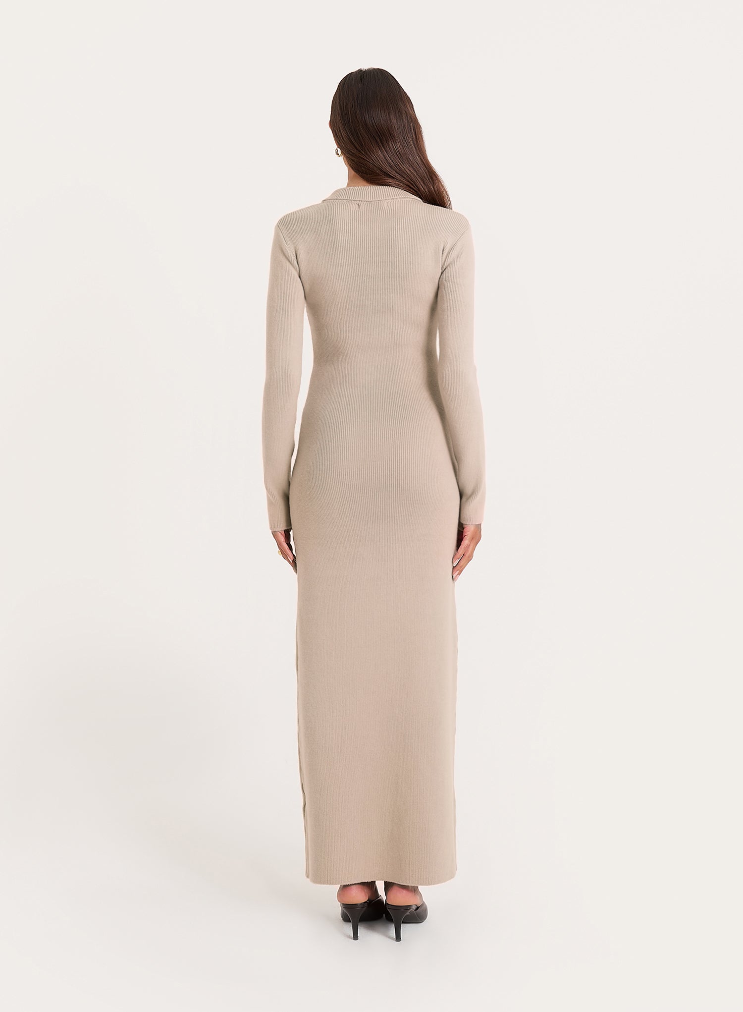 Beige Collared Knit Maxi Dress