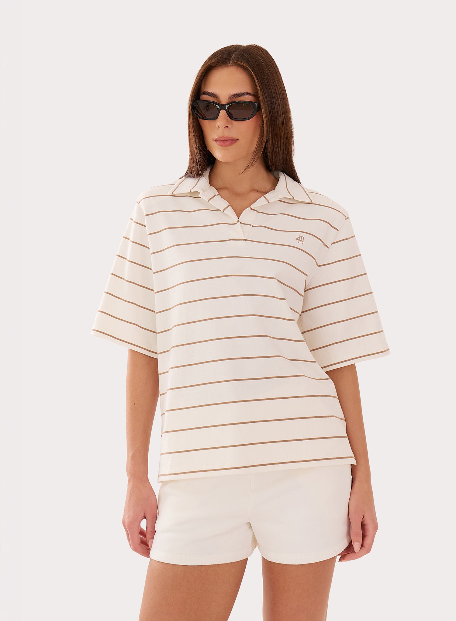 Cream And Beige Stripe Shoulder Pad Polo Top
