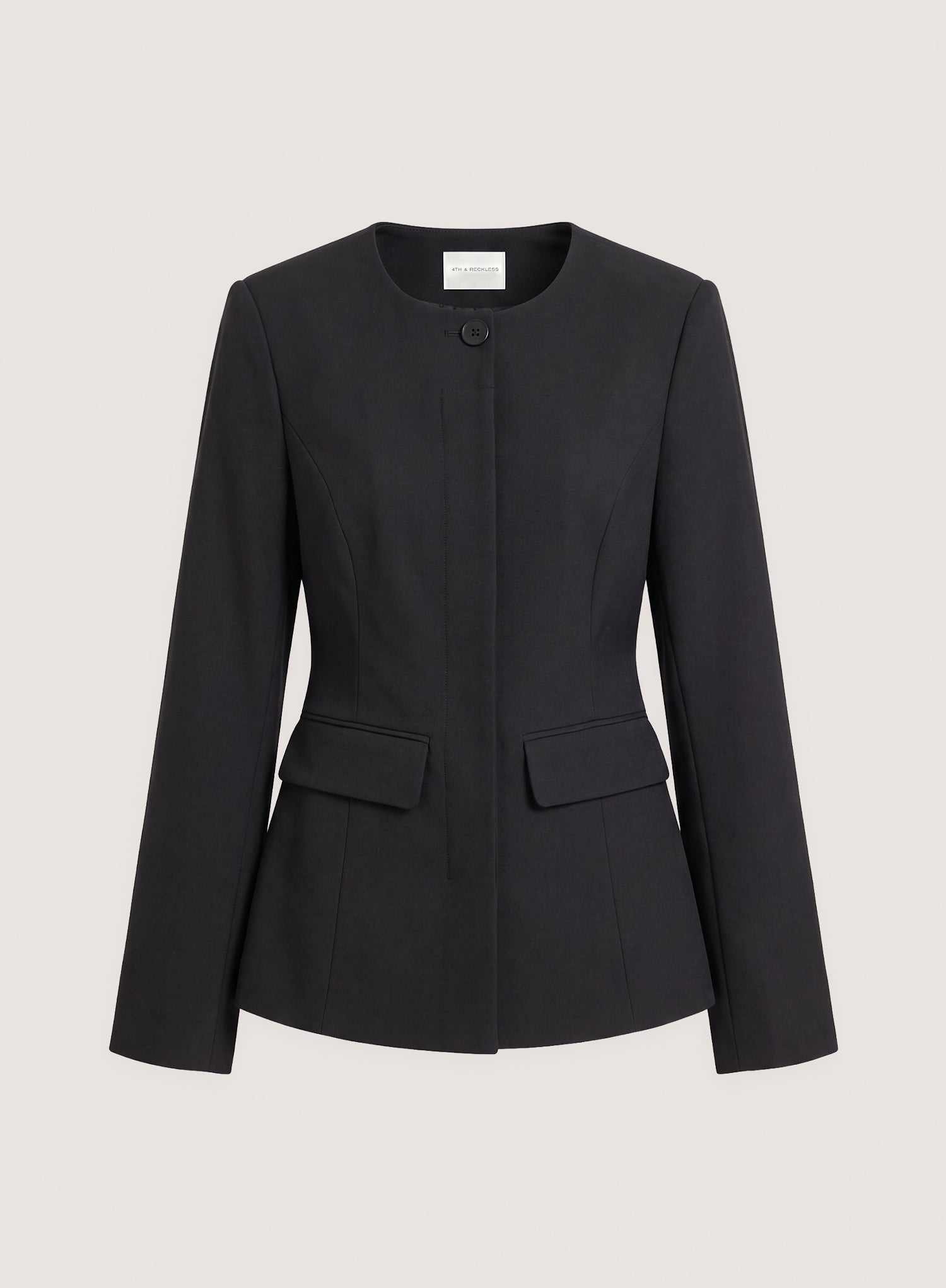 Black Collarless Cinched Waist Tailored Blazer