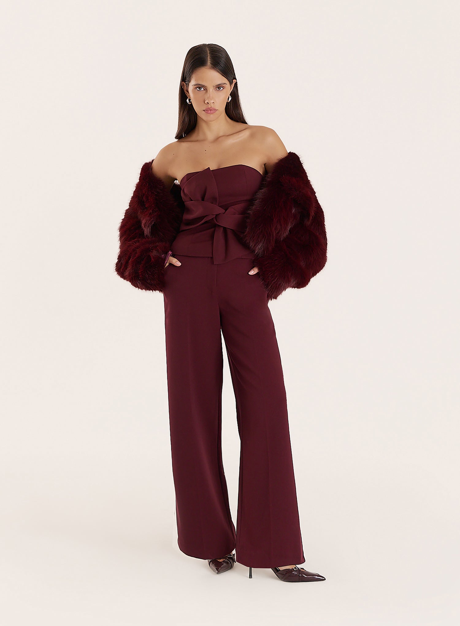 Burgundy Tailored Wide Leg Trousers