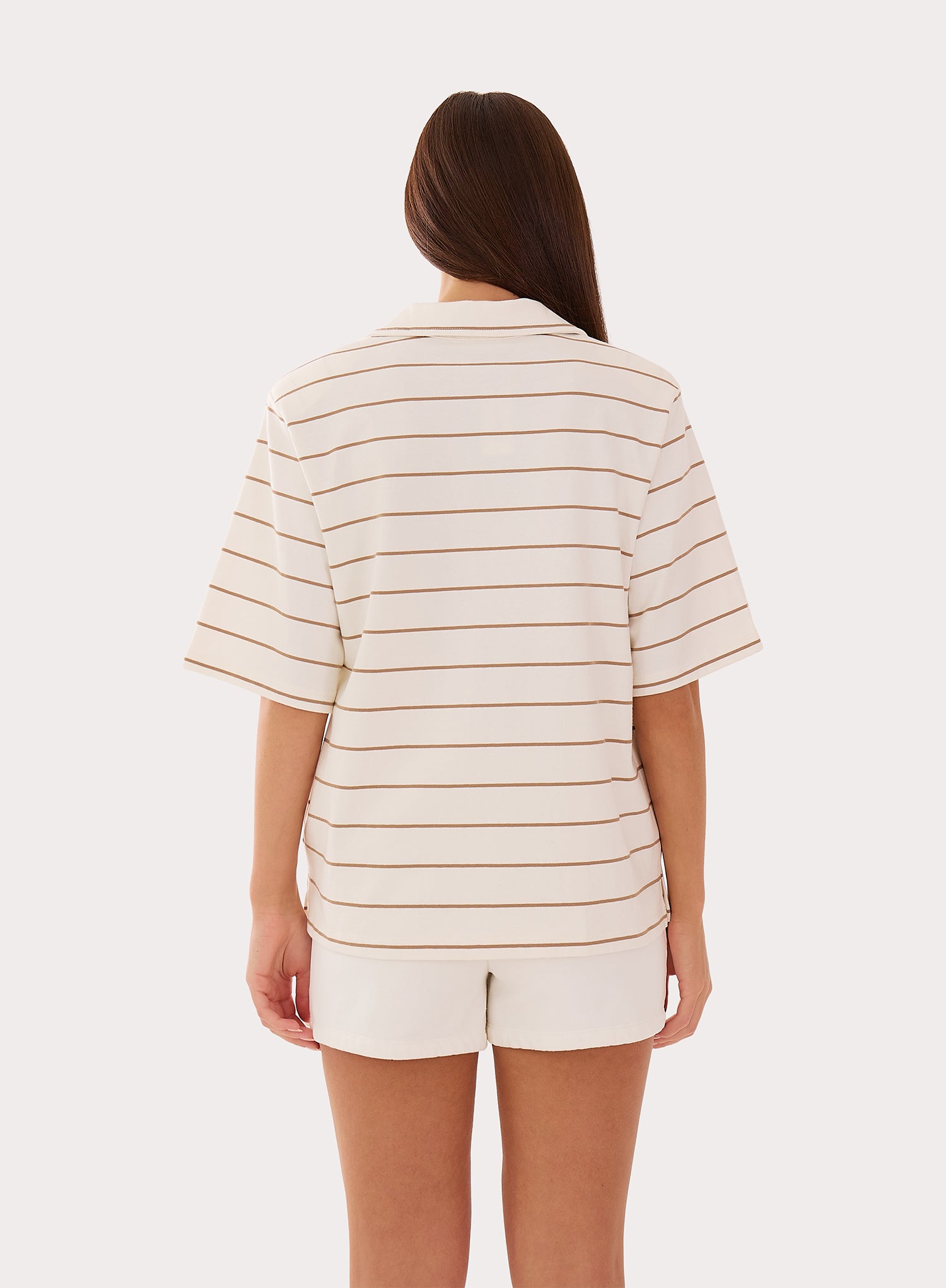 Cream And Beige Stripe Shoulder Pad Polo Top