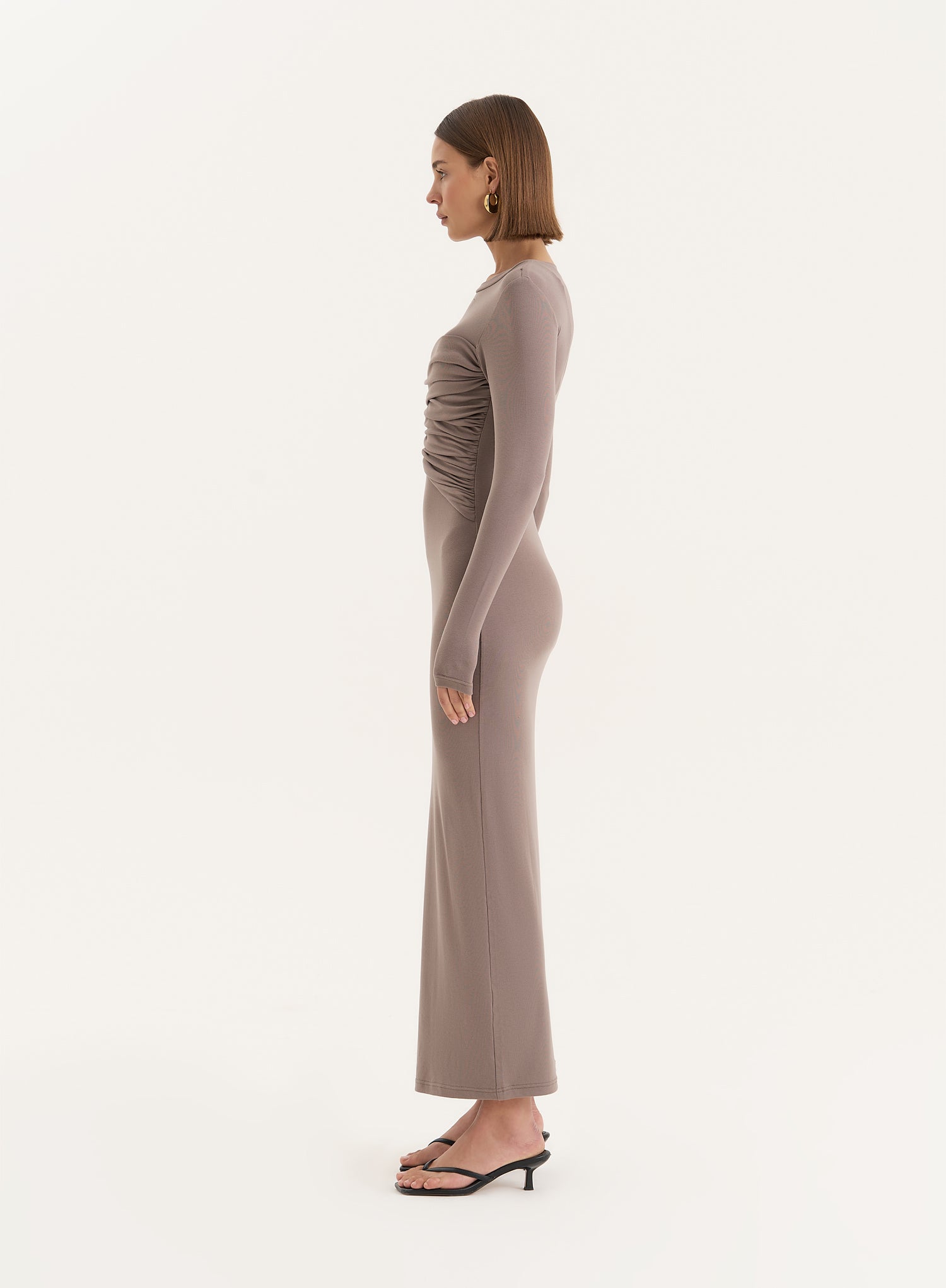 Beige Bust Detail Long Sleeve Maxi Dress- Xavier